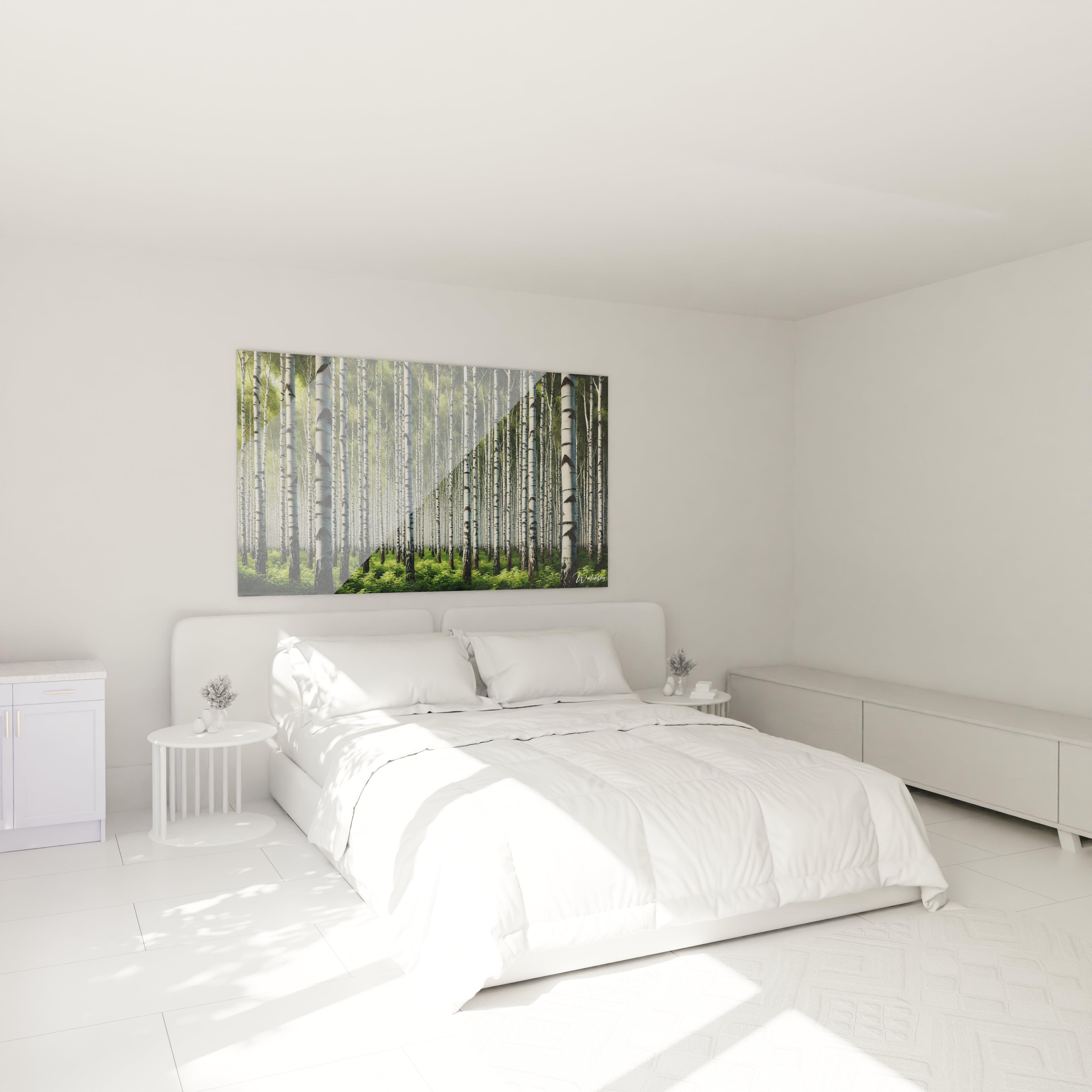 Tableau foret au dessus du lit Un apaisement visuel dans la chambre Ce tableau foret capture l essence des bouleaux symetriques pour un decor zen et inspire d harmonie naturelle

