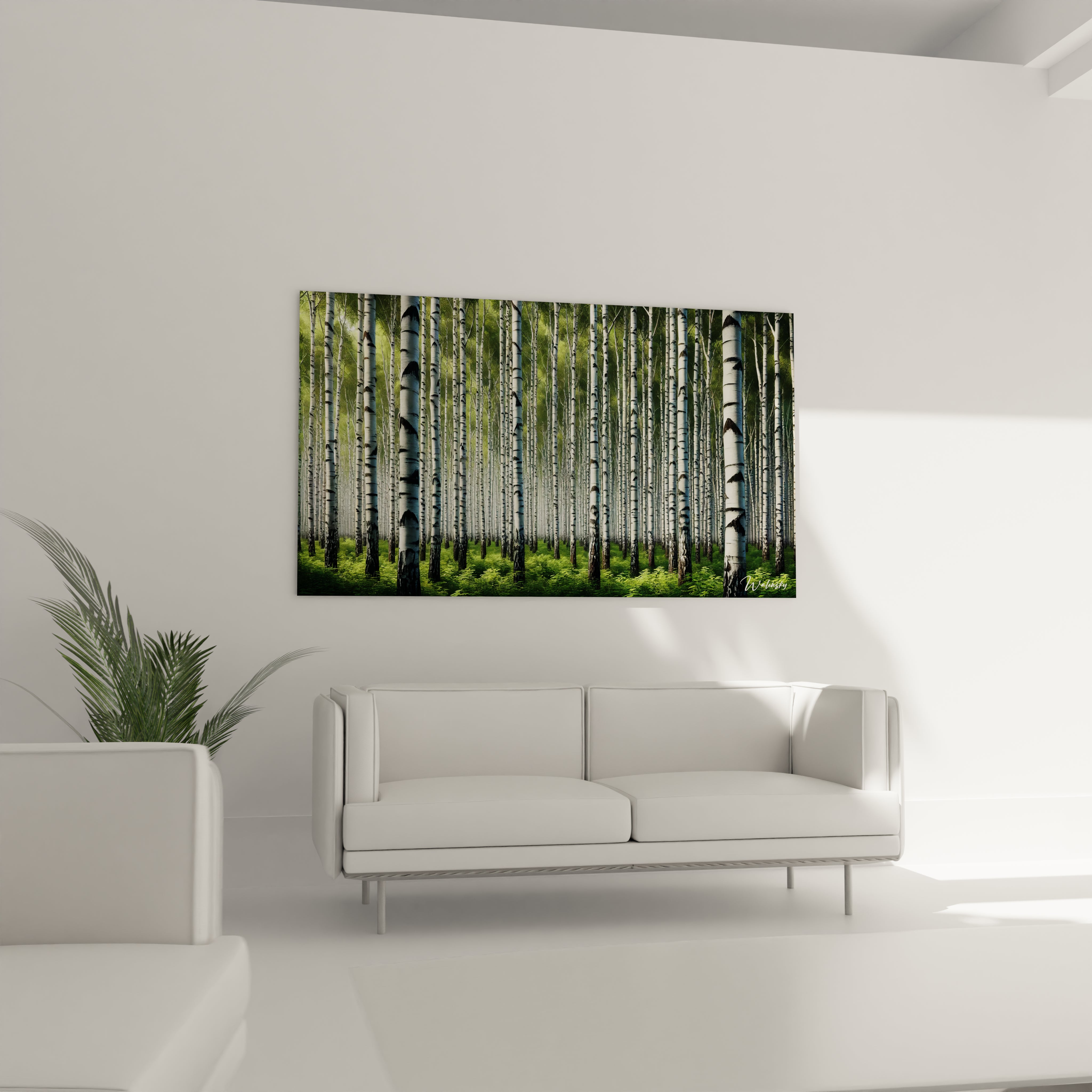 Tableau foret au dessus du canapé Illuminez votre salon avec ce tableau foret Son realisme capte l attention et invite a la serenite Une melodie visuelle en noir et blanc avec touches de vert

