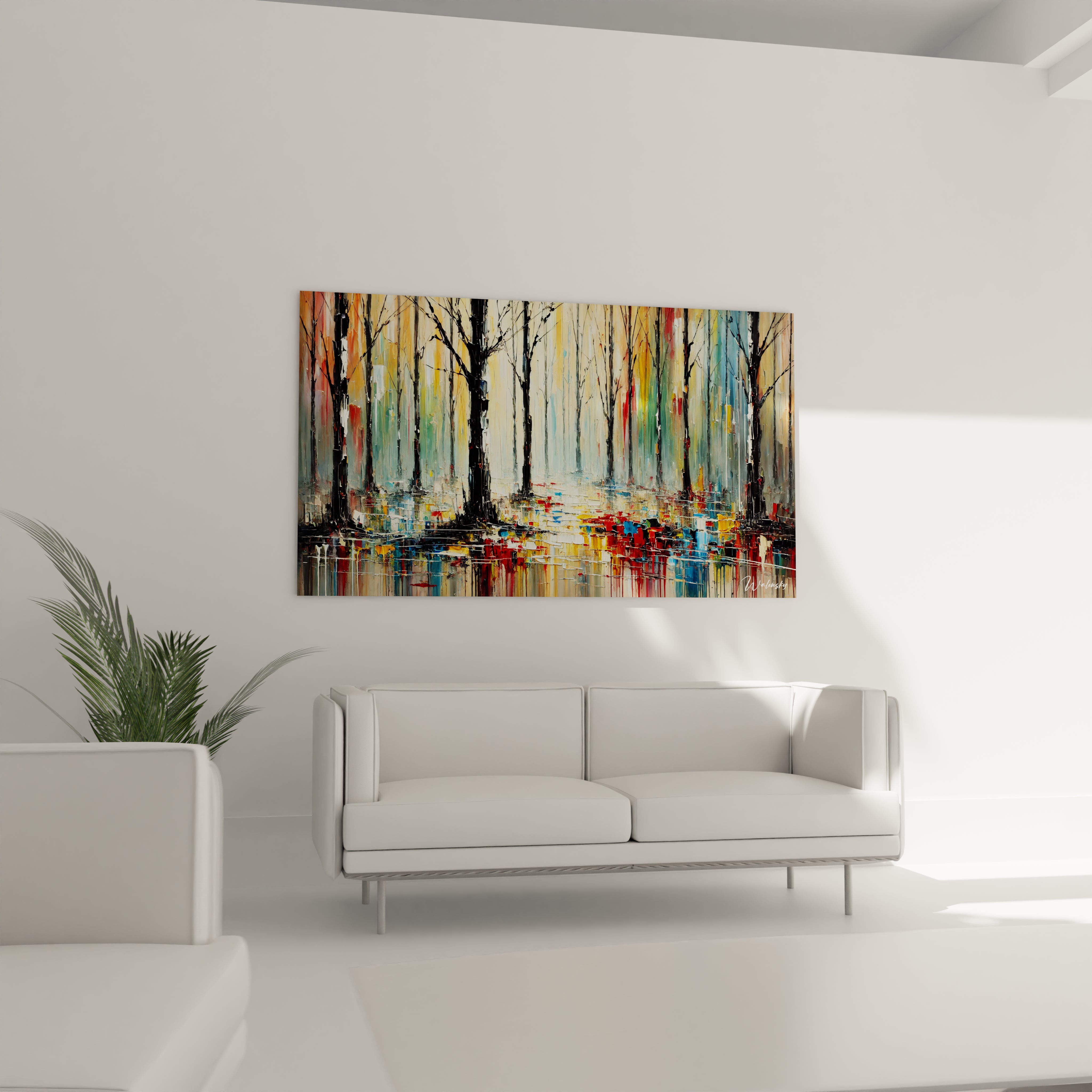 Tableau foret accroche au dessus du canape harmonie de rouges bleus et jaunes pour un salon vivant plongez dans une ambiance naturelle et artistique

