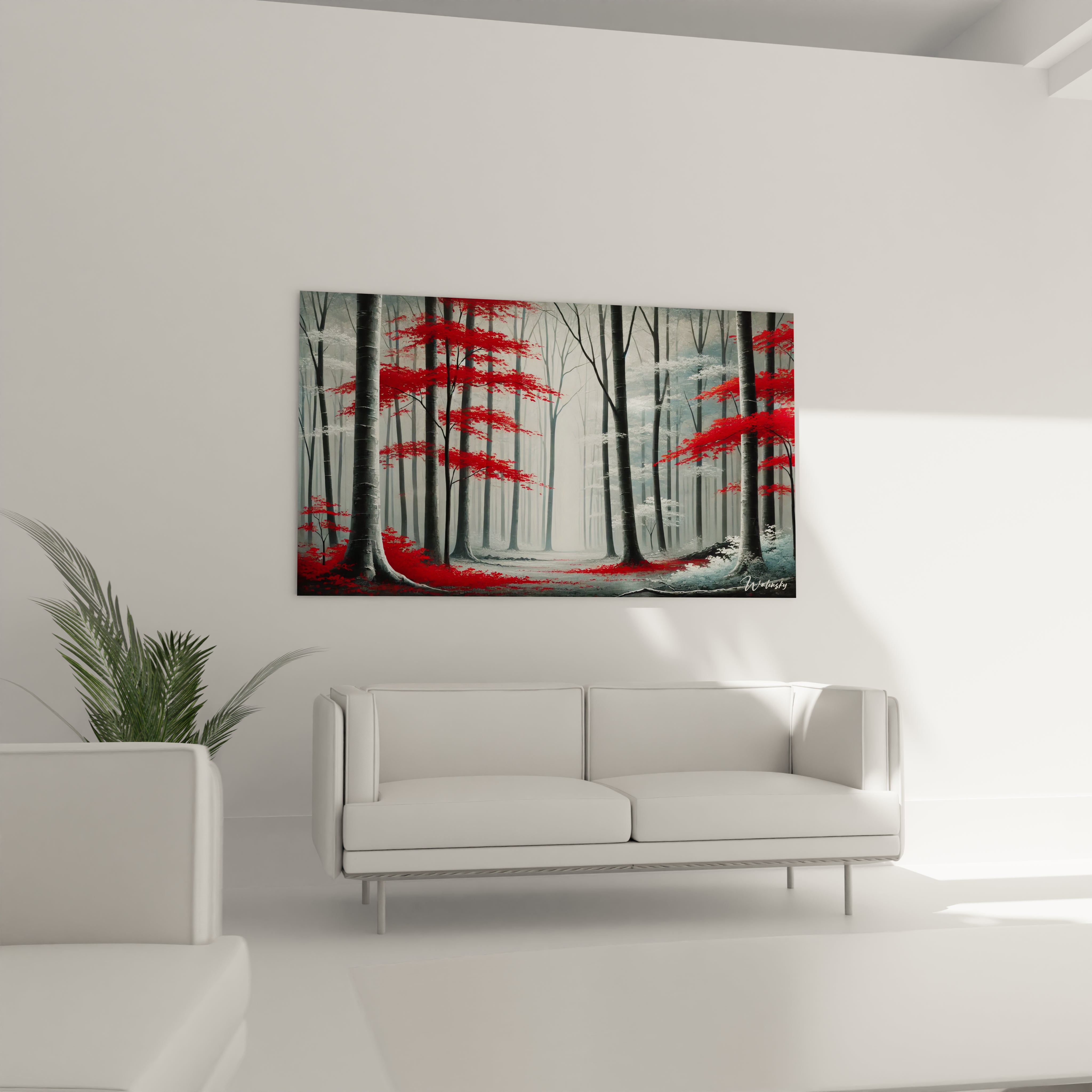 Tableau Foret installe dans un salon au dessus du canape Le rouge des feuilles et le gris des troncs ajoutent une dimension apaisante et intemporelle a l'espace Une oeuvre unique et immersive

