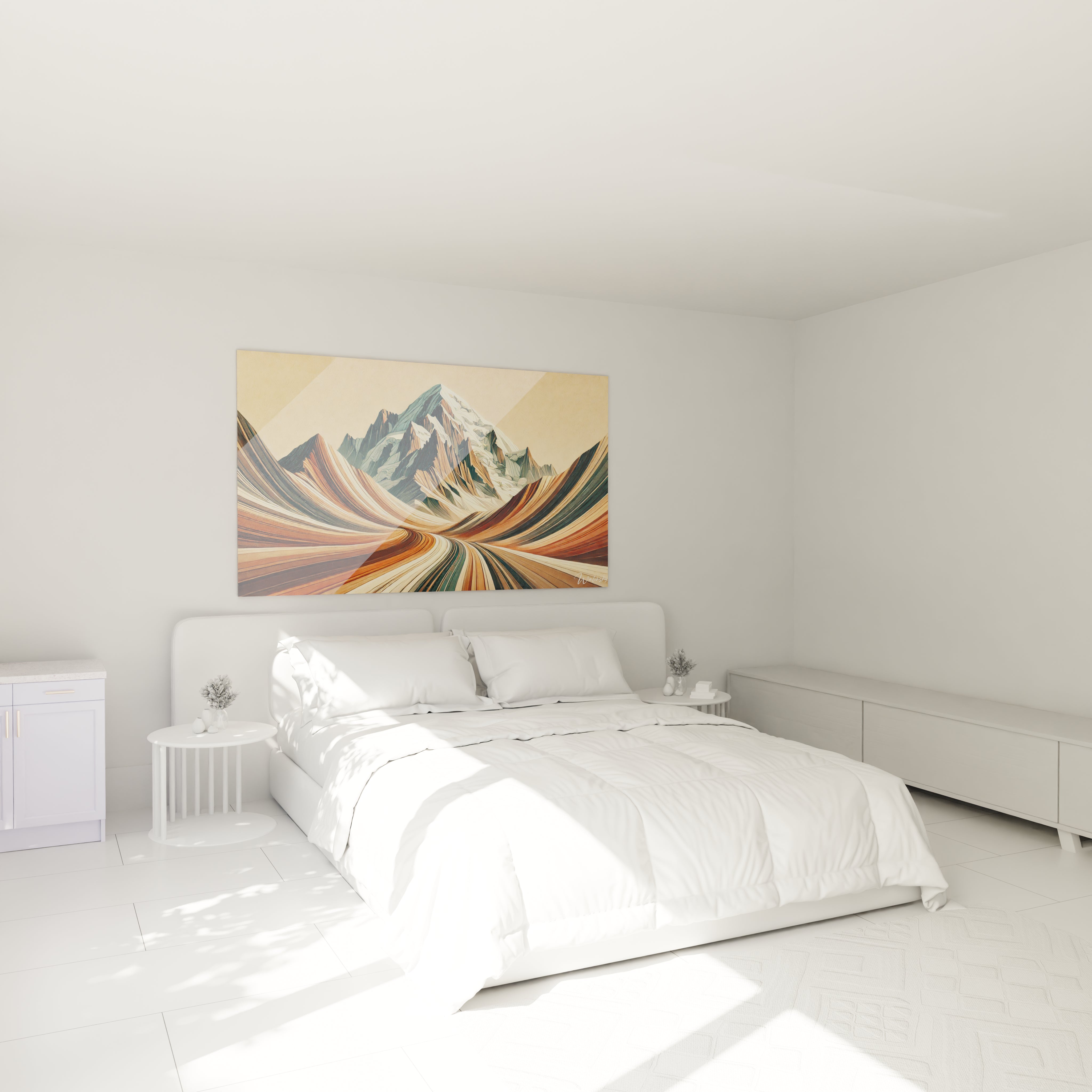 tableau france accroche dans une chambre ambiance paisible lignes fluides montagnes marron beige et gris bleu parfaite harmonie pour un espace calme et inspire

