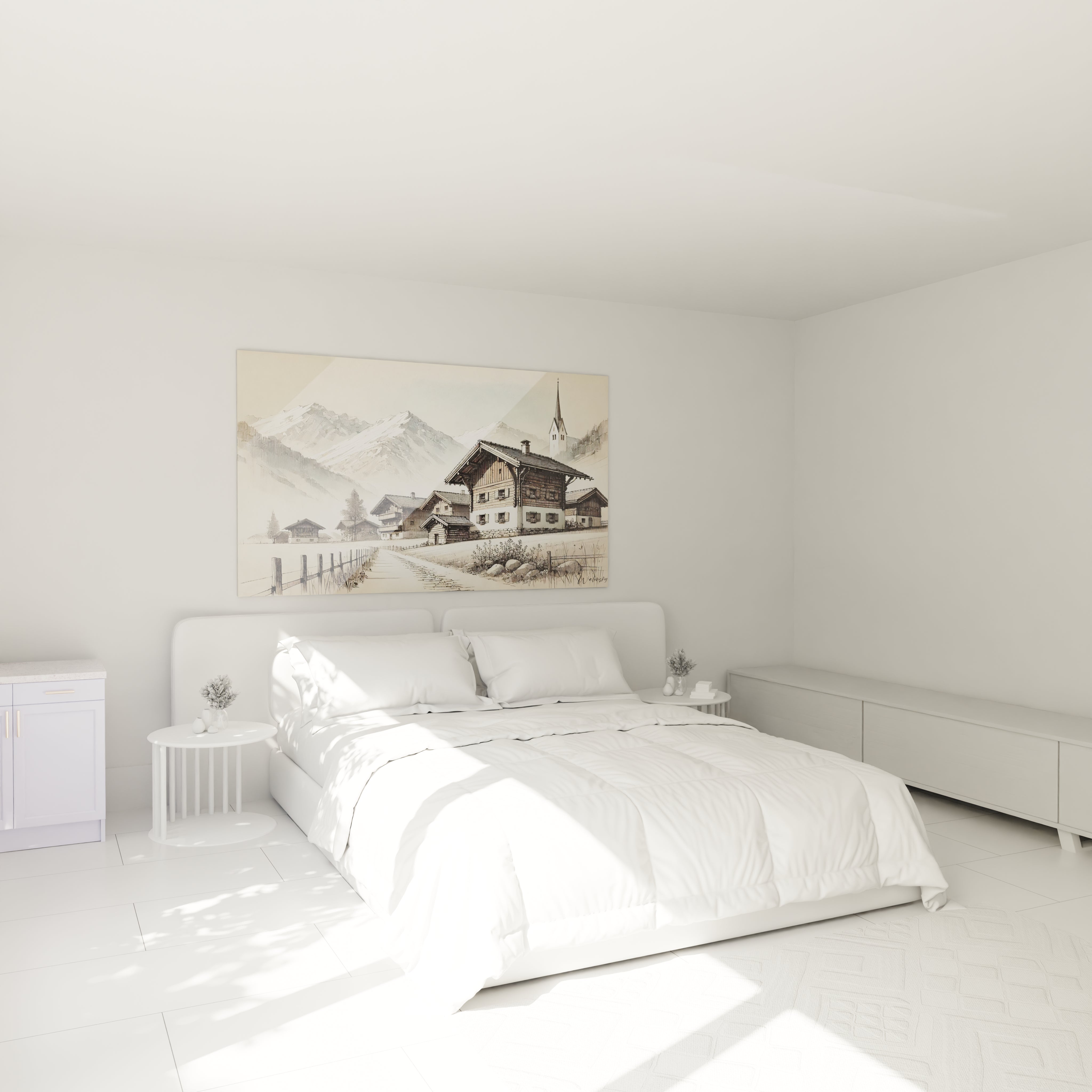 tableau france accroché dans une chambre au dessus du lit ambiance apaisante calme montagnard chalets authentiques tons naturels beige gris blanc pour une décoration chaleureuse et reposante

