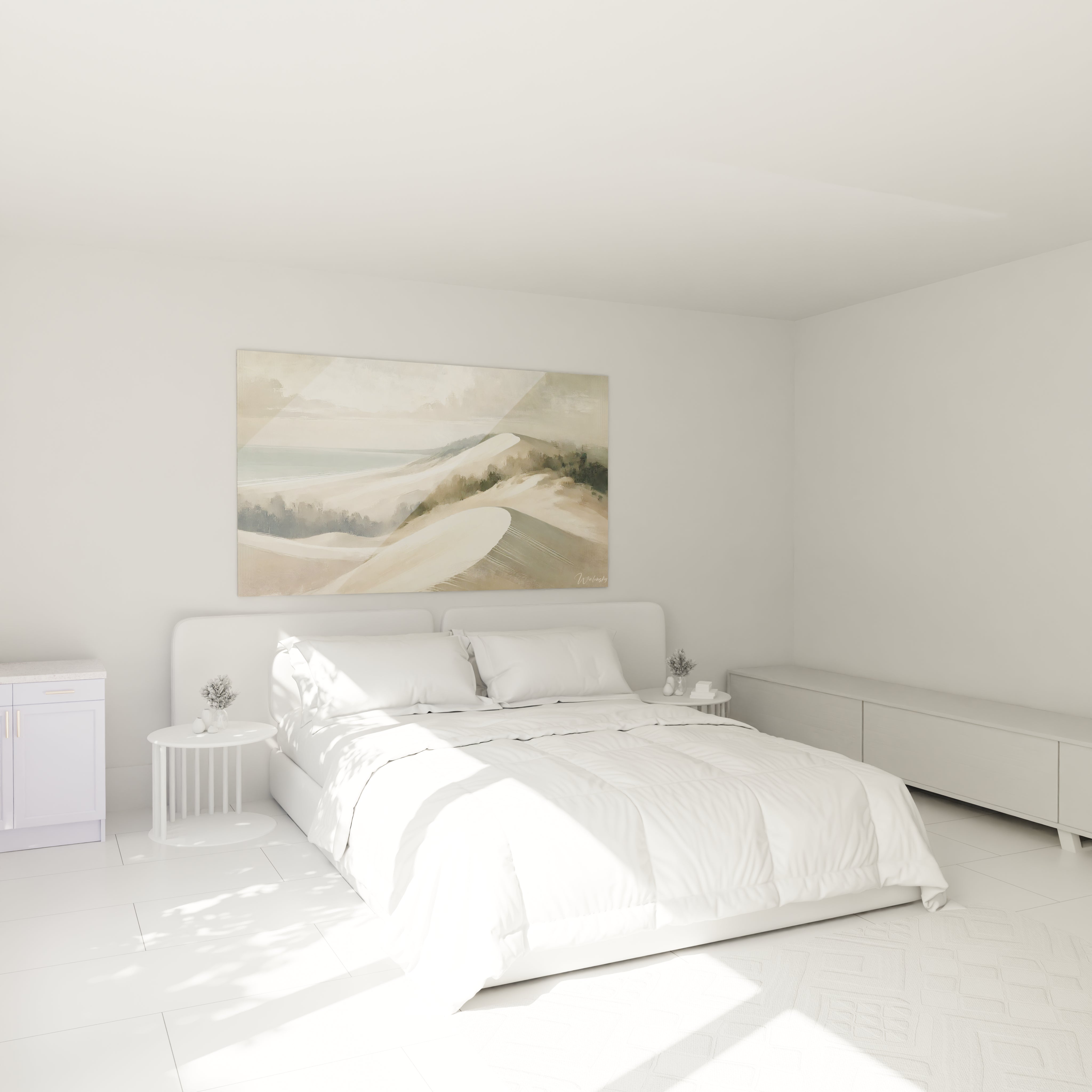 tableau france accroche au mur dune chambre au dessus du lit de style epure paysage de dunes beige et blanc creant une ambiance apaisante et minimaliste

