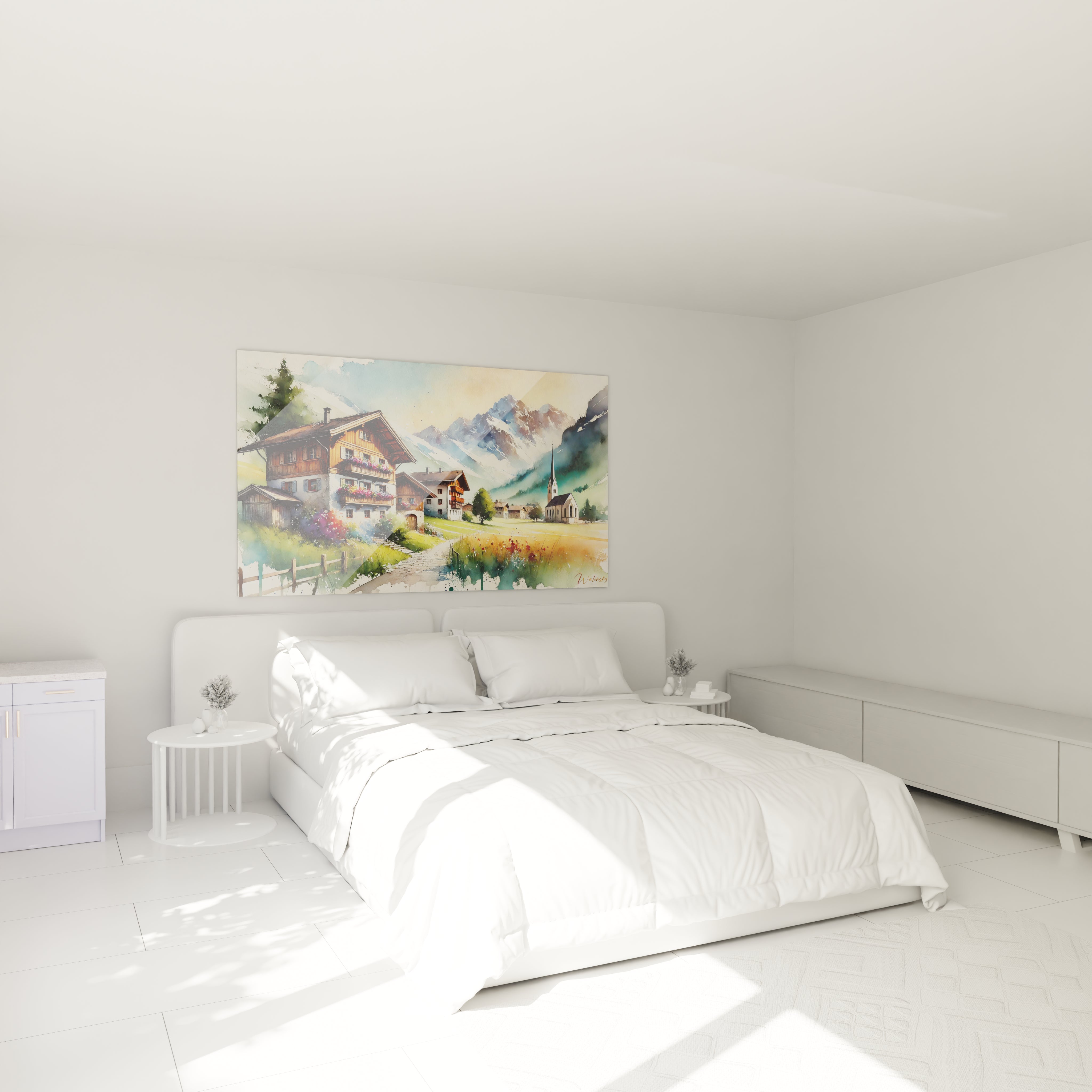 tableau france accroche au mur dans une chambre decor apaisant chalets pittoresques montagnes imposantes fleurs colorees tons chauds et verts realisme aquarelle ambiance calme et chaleureuse

