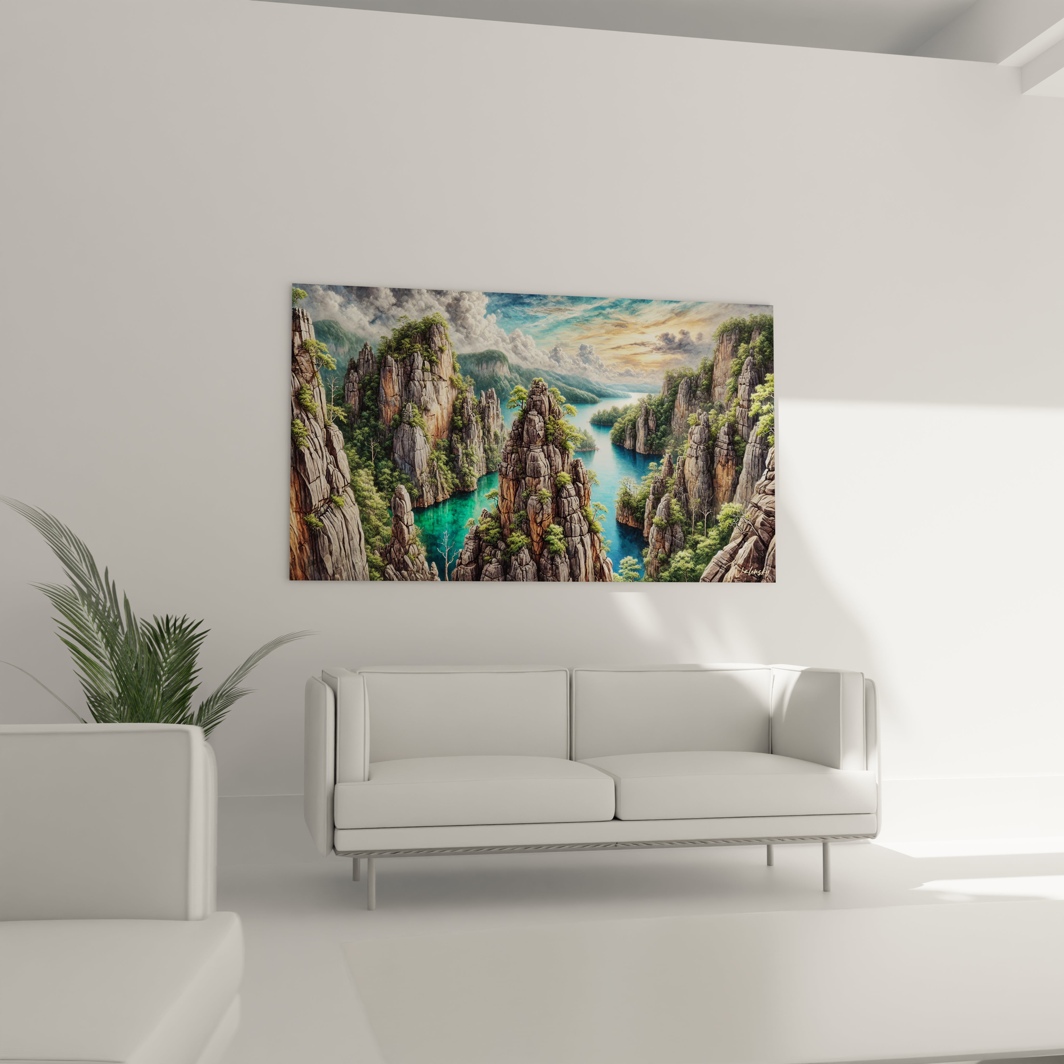 Tableau France accroché dans un salon au-dessus du canapé mettant en valeur un paysage réaliste de falaises et rivières l’eau turquoise contraste avec les roches brunes et vertes pour une évasion visuelle

