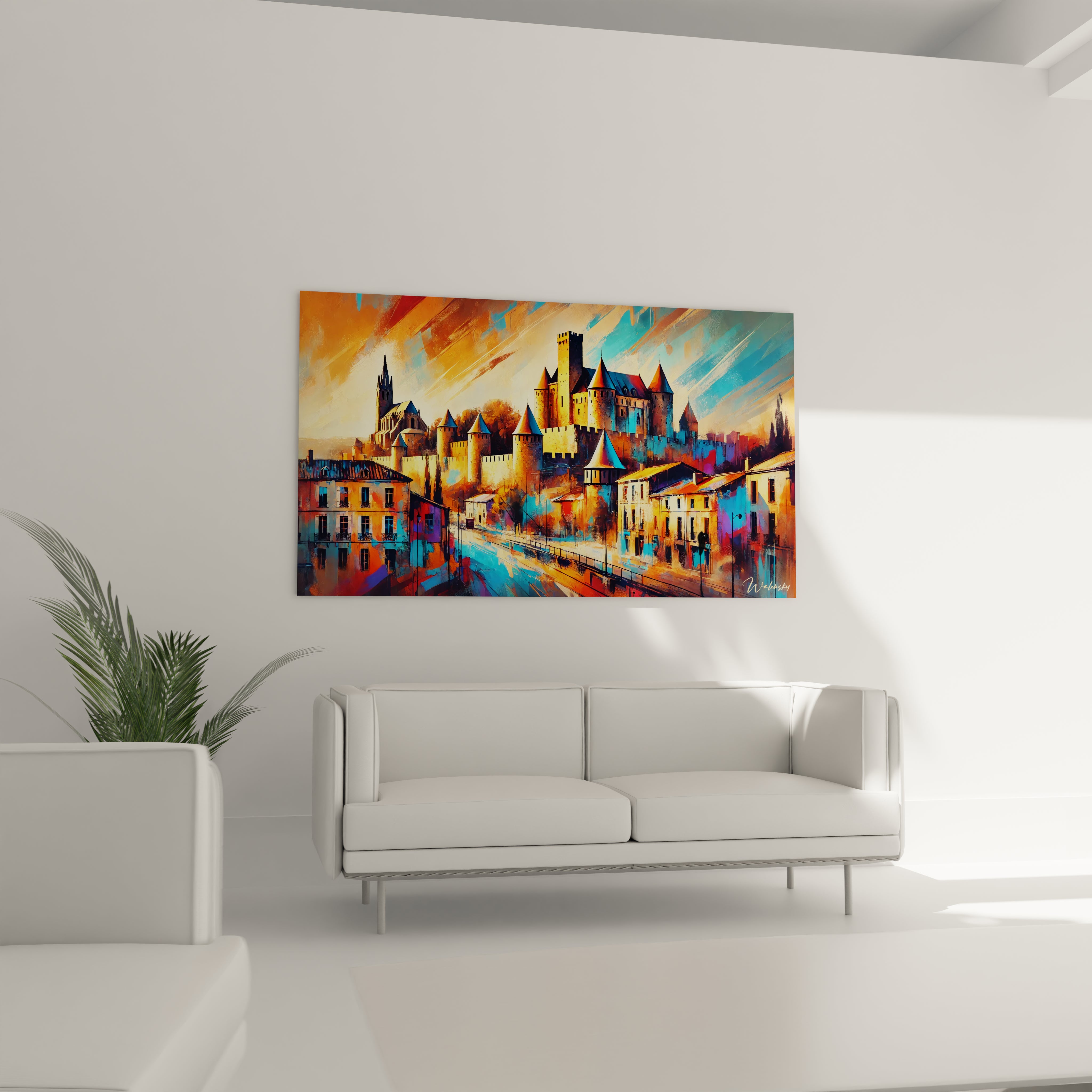 tableau france accroche dans un salon contemporain au dessus d un canape apportant modernite et chaleur avec ses couleurs vibrantes inspirant un voyage a travers les citadelles fortifiees de france

