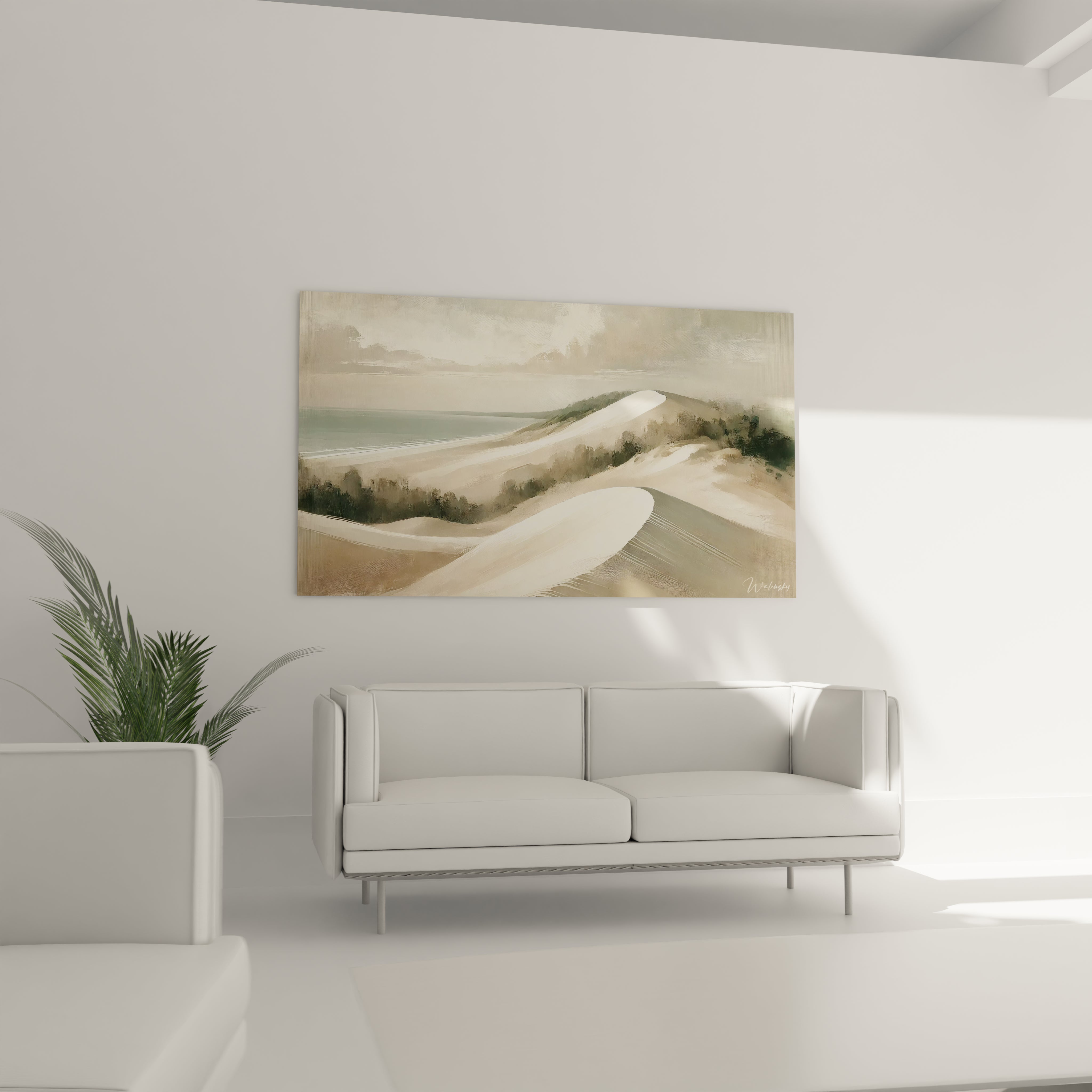 tableau france dans un salon lumineux au dessus du canape presentant des dunes de sable naturel tons beige gris et blanc ideal pour un interieur calme et sophistique

