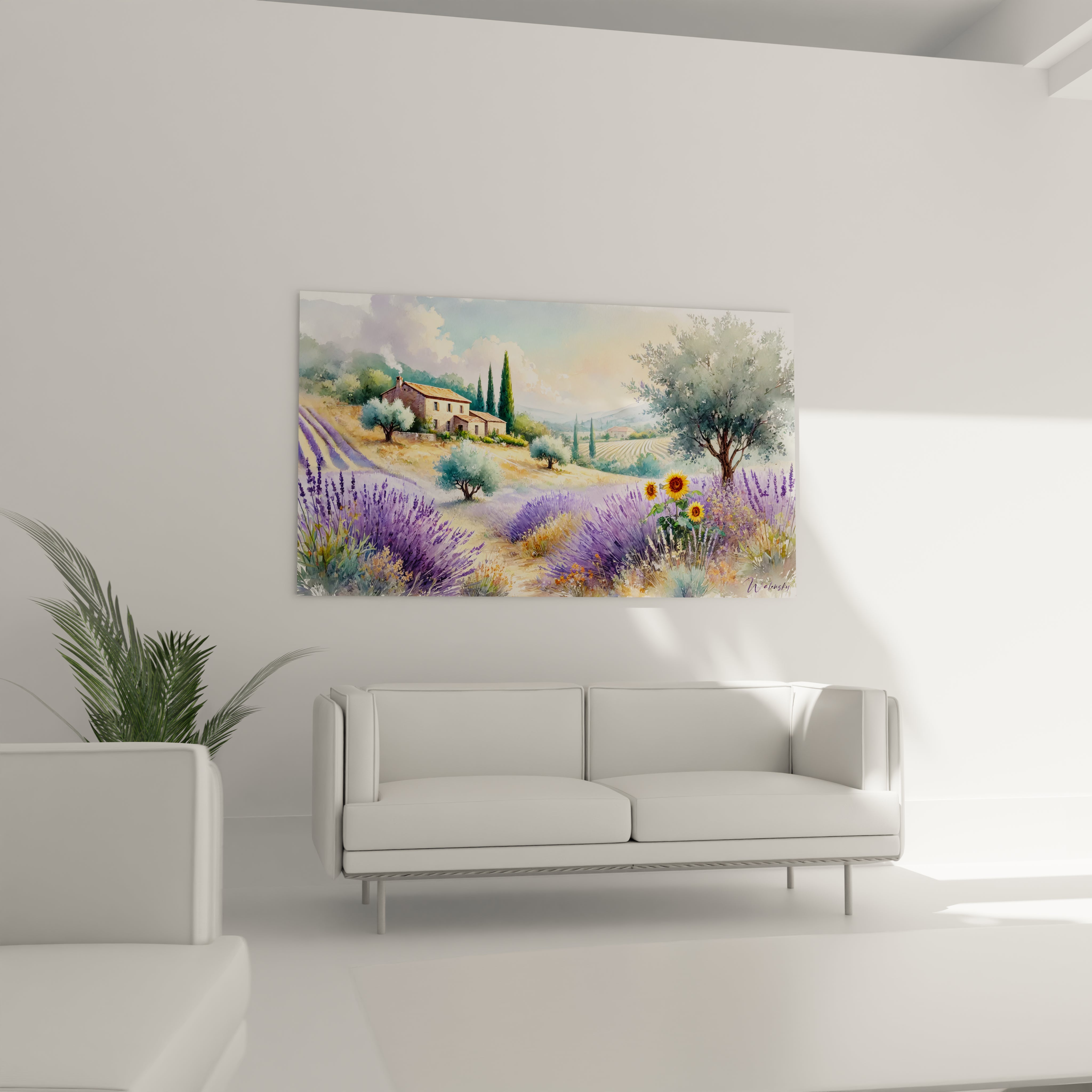 Tableau France installé dans un salon apporte chaleur et élégance couleurs provençales lavandes cyprès et tournesols contraste harmonieux pour un espace lumineux

