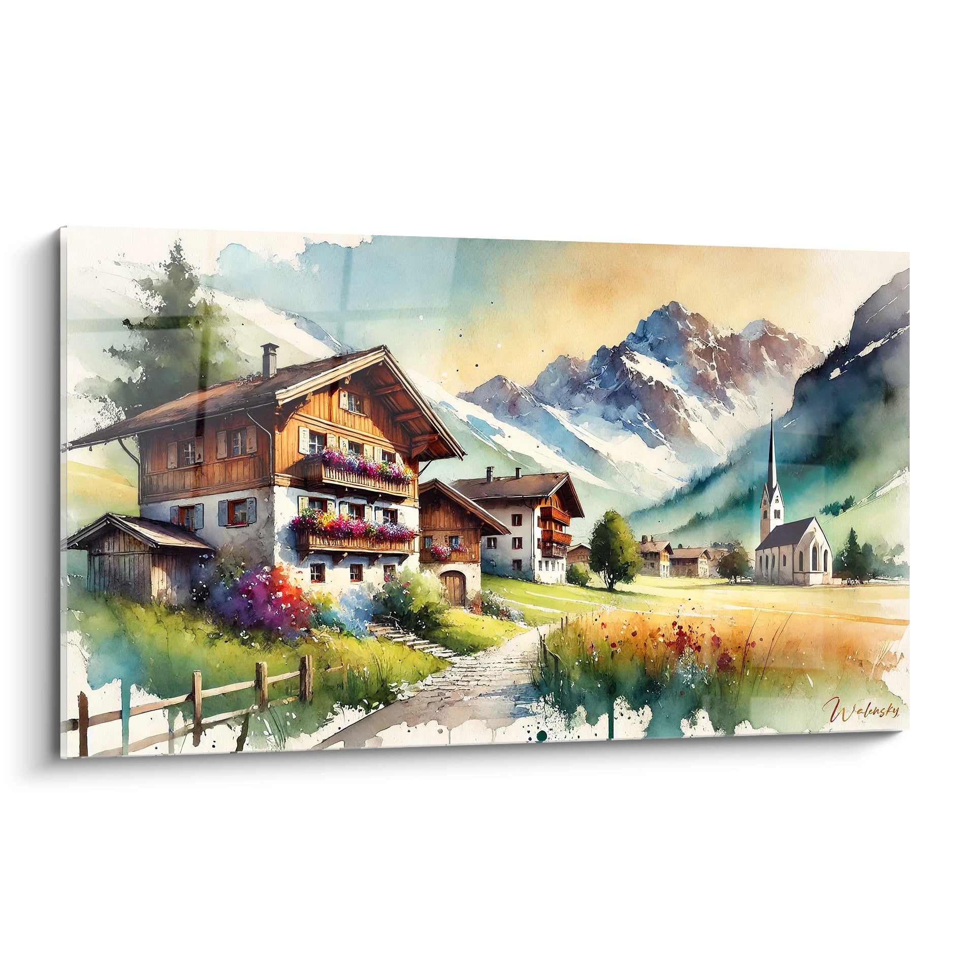 tableau france presentation vue de biais des chalets en bois couleurs chaudes nuances bleues et vertes montagnes majestueuses et fleurs vibrantes style aquarelle realiste inspire des villages alpins

