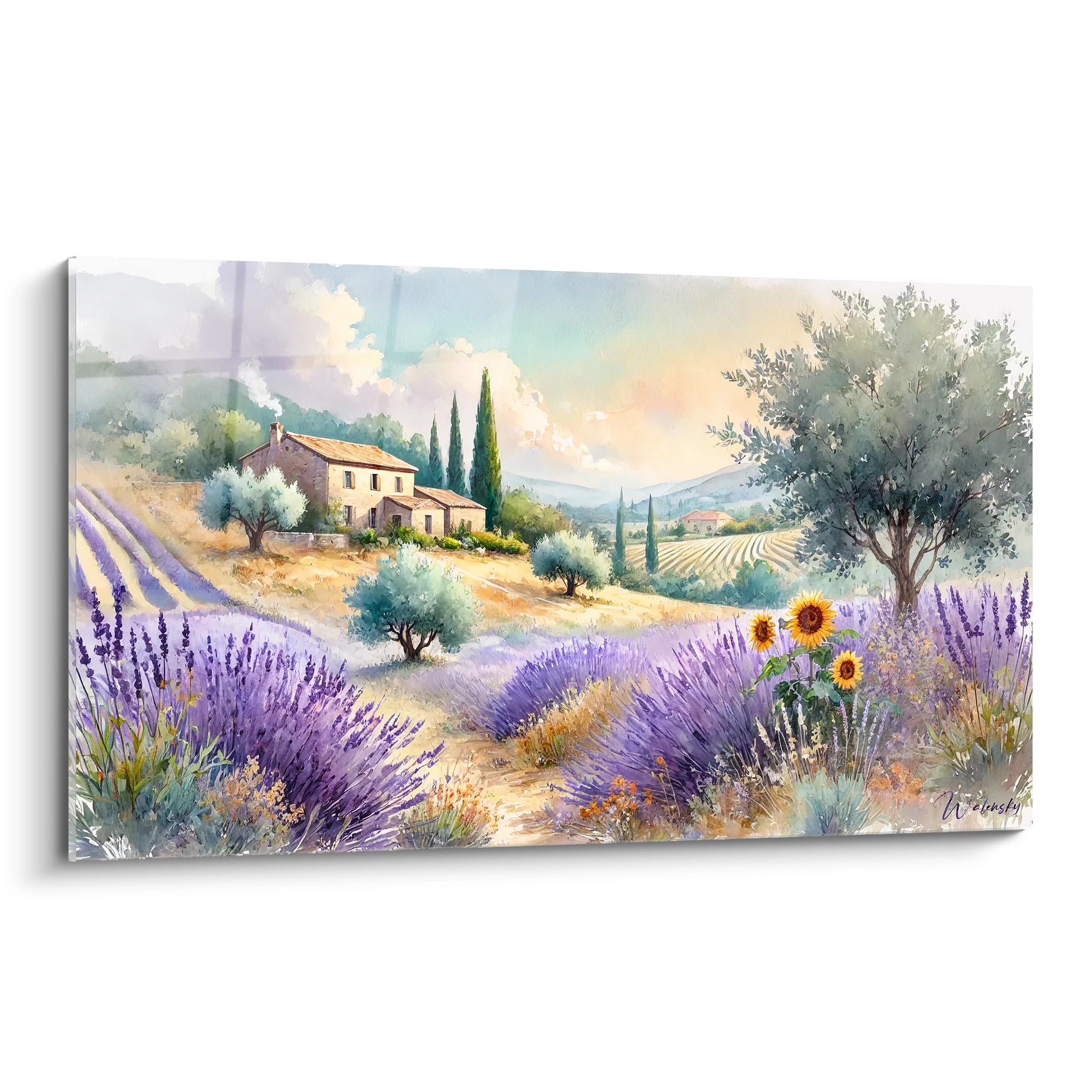 Tableau France vu de biais representation realiste d un paysage provençal lavandes violettes cyprès verts et maison en pierre scene lumineuse et apaisante

