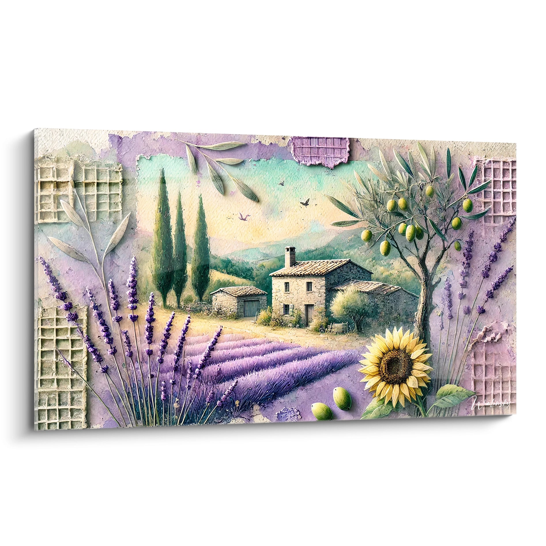 tableau france vu de biais en relief avec champs de lavande oliviers et tournesols couleurs violettes vertes et jaunes parfait pour un interieur provençal

