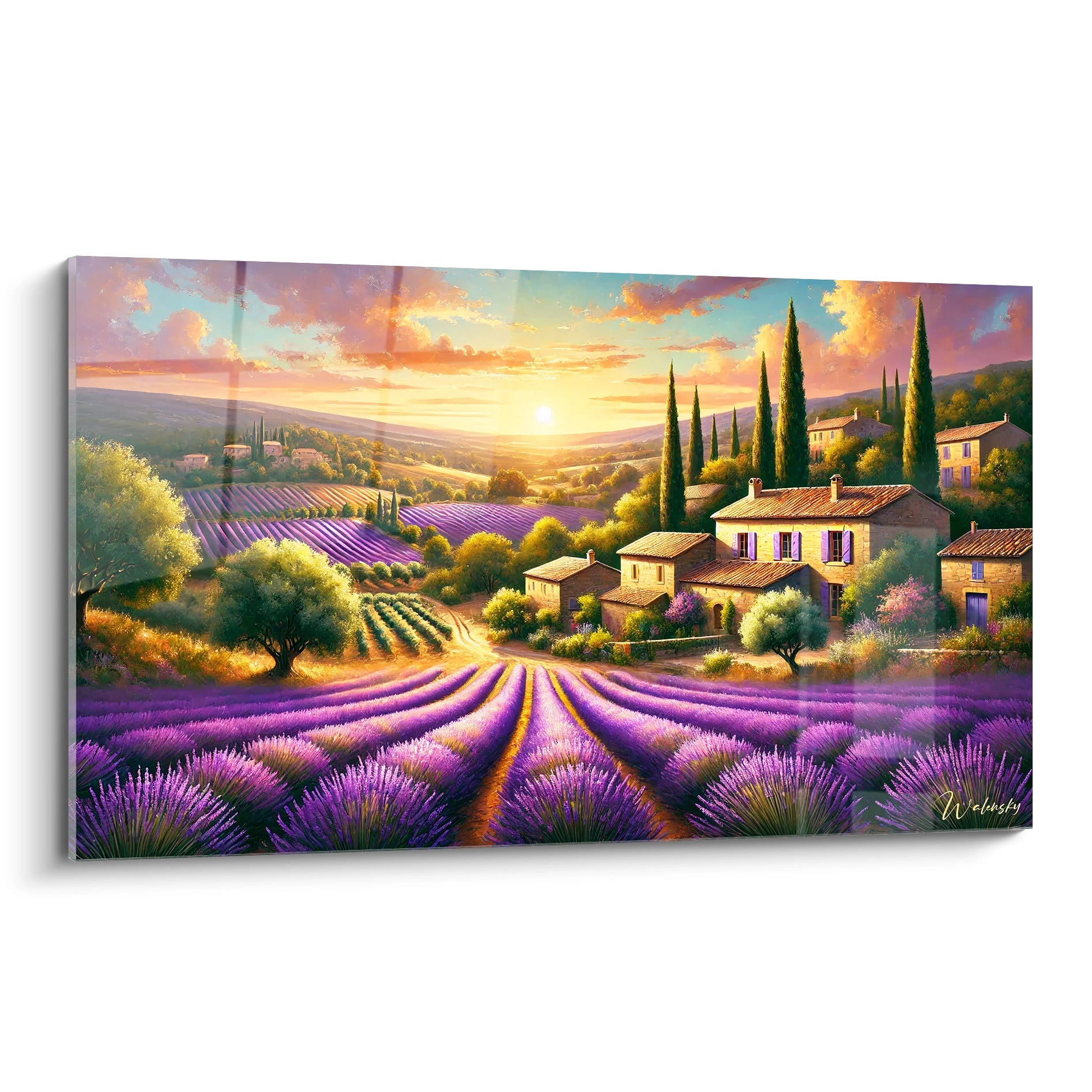 tableau France vu de biais aux couleurs chaudes de la Provence violet des champs de lavande orange du soleil couchant et vert olive des arbres une œuvre réaliste idéale pour un intérieur lumineux

