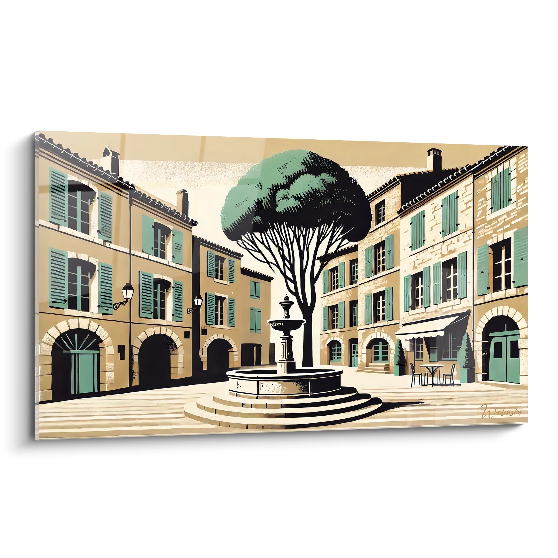 tableau france aux tons beige et vert mettant en scene une place provencale avec fontaine et arbres majestueux ideal pour decor minimaliste inspire des villages authentiques de france

