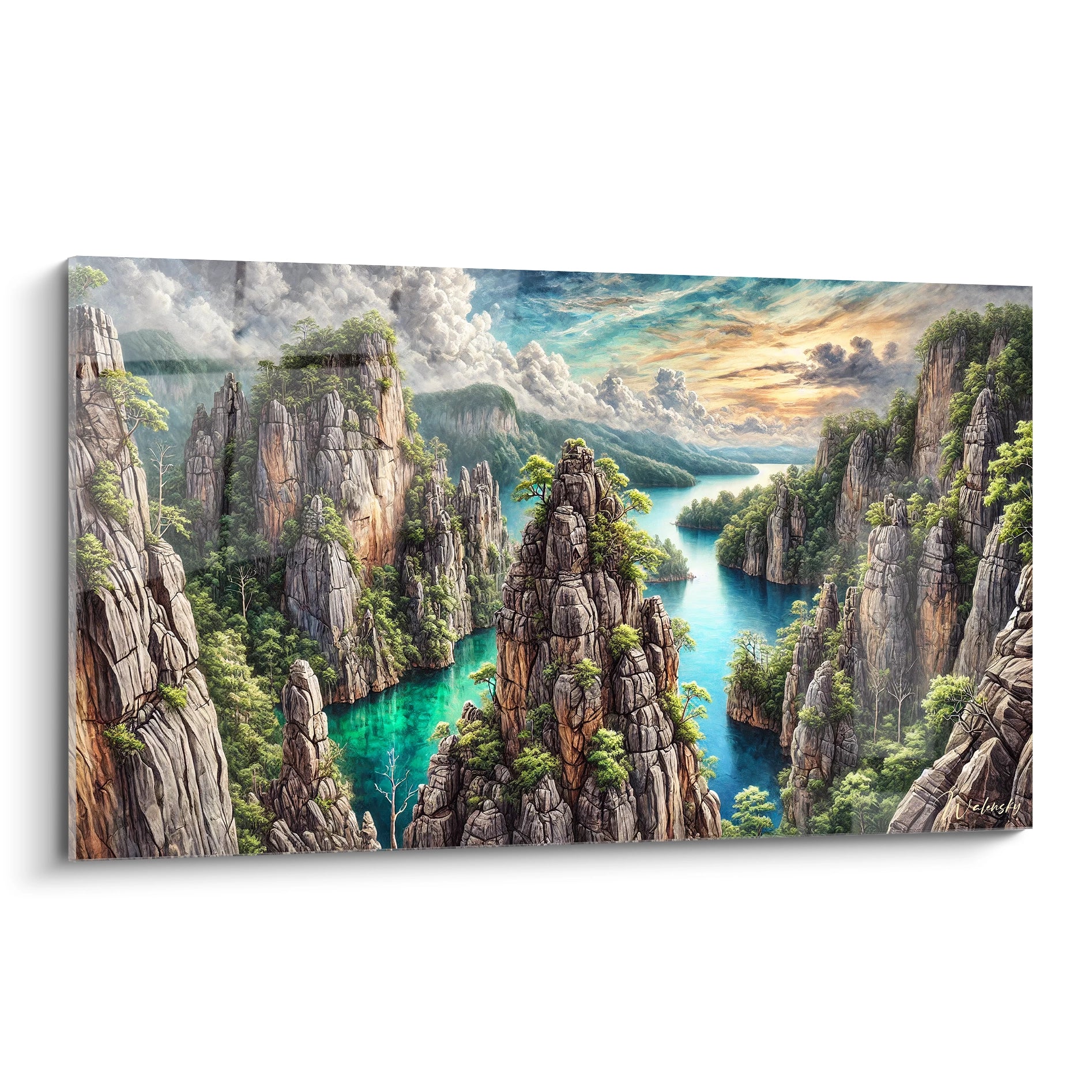 Tableau France vu de biais paysage vibrant de montagnes rocheuses et eau turquoise nuances de bleu gris et vert une harmonie visuelle entre force naturelle et sérénité captivante pour votre intérieur

