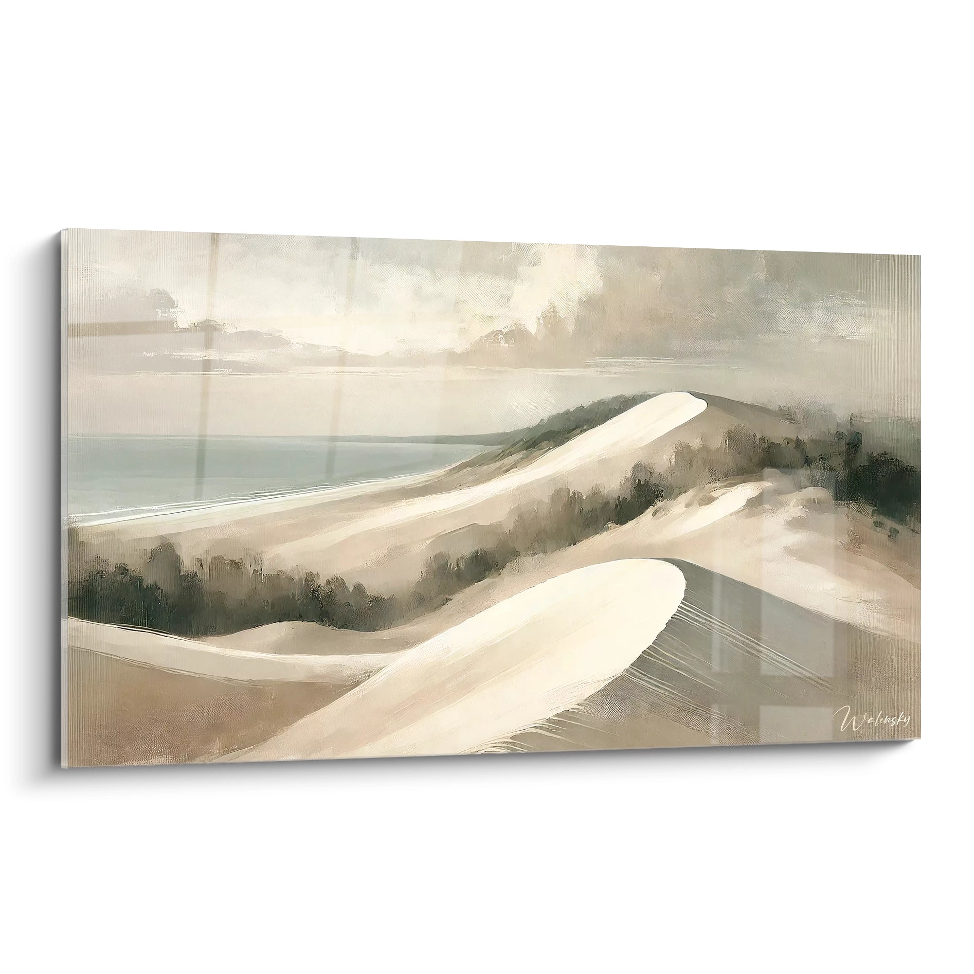 tableau france vu de biais representant des dunes de sable beige sous une lumiere douce avec des ombres grises minimalistes inspire des paysages calmes de la cote atlantique

