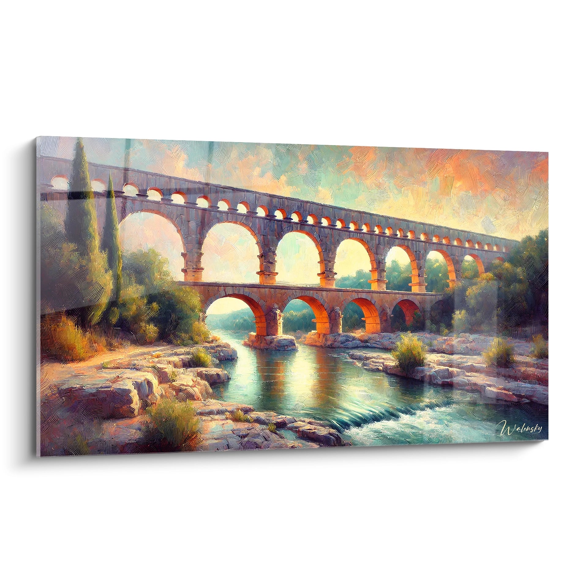 tableau France vue de biais texture realiste avec arches de l'aqueduc reflets doux dans l'eau tons beiges verts et bleus style romantique et lumineux

