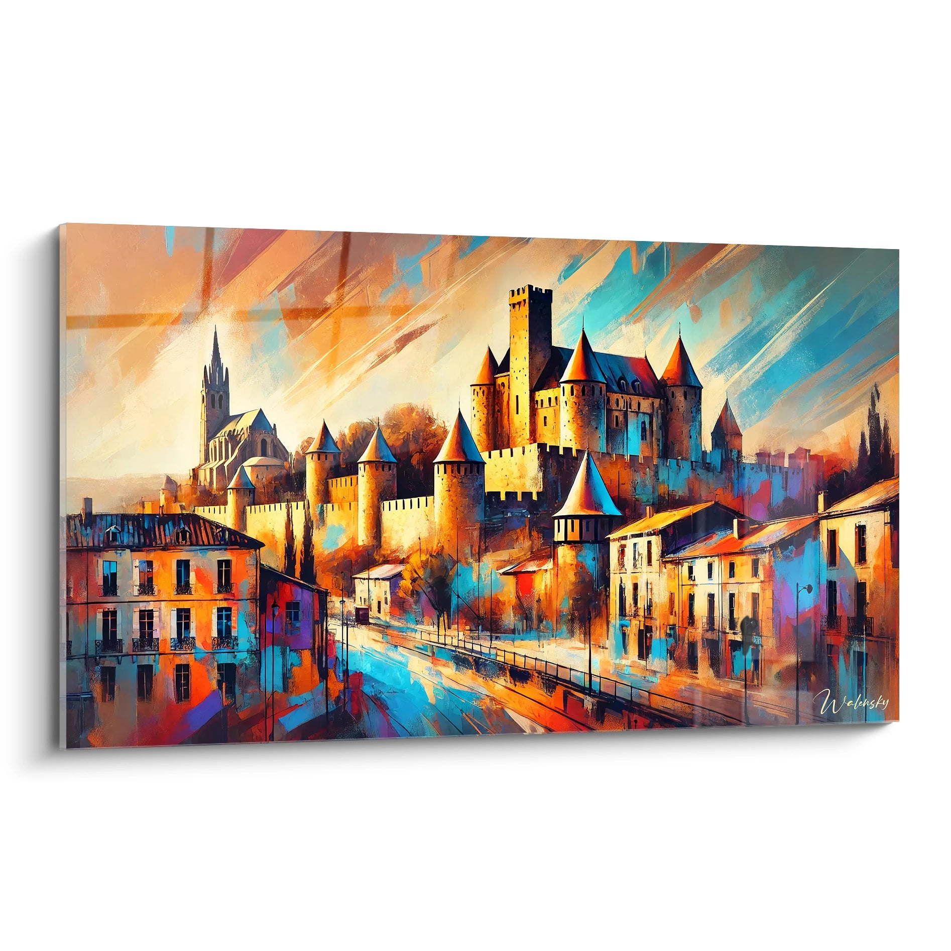 tableau france vu de biais avec des couleurs chaudes orange et bleu representant un chateau medieval silhouette imposante et architecture geometrique dans un style impressionniste

