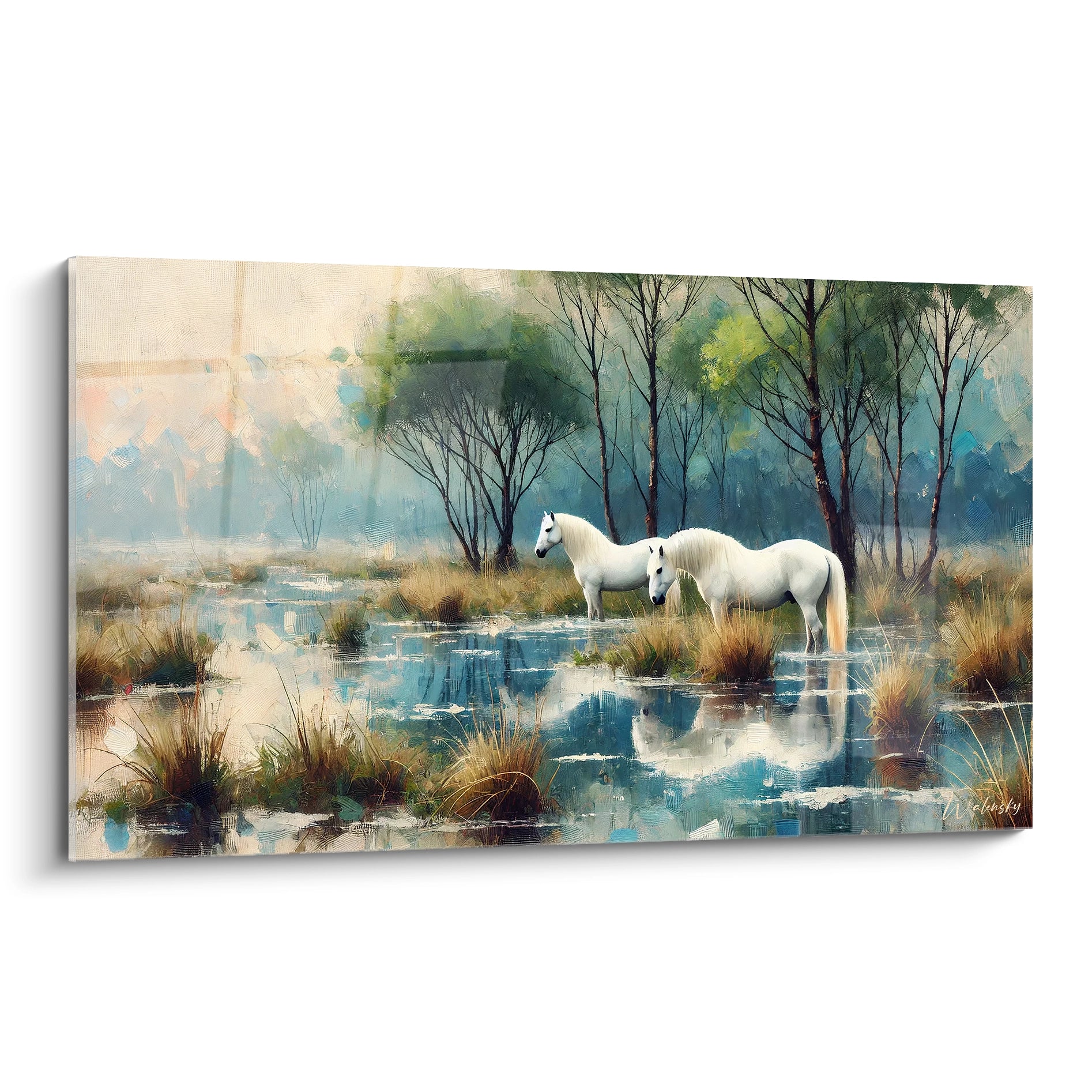 tableau france marais camargue chevaux blancs reflet dans l eau teintes bleu vert et blanc brume douce scène naturelle intemporelle

