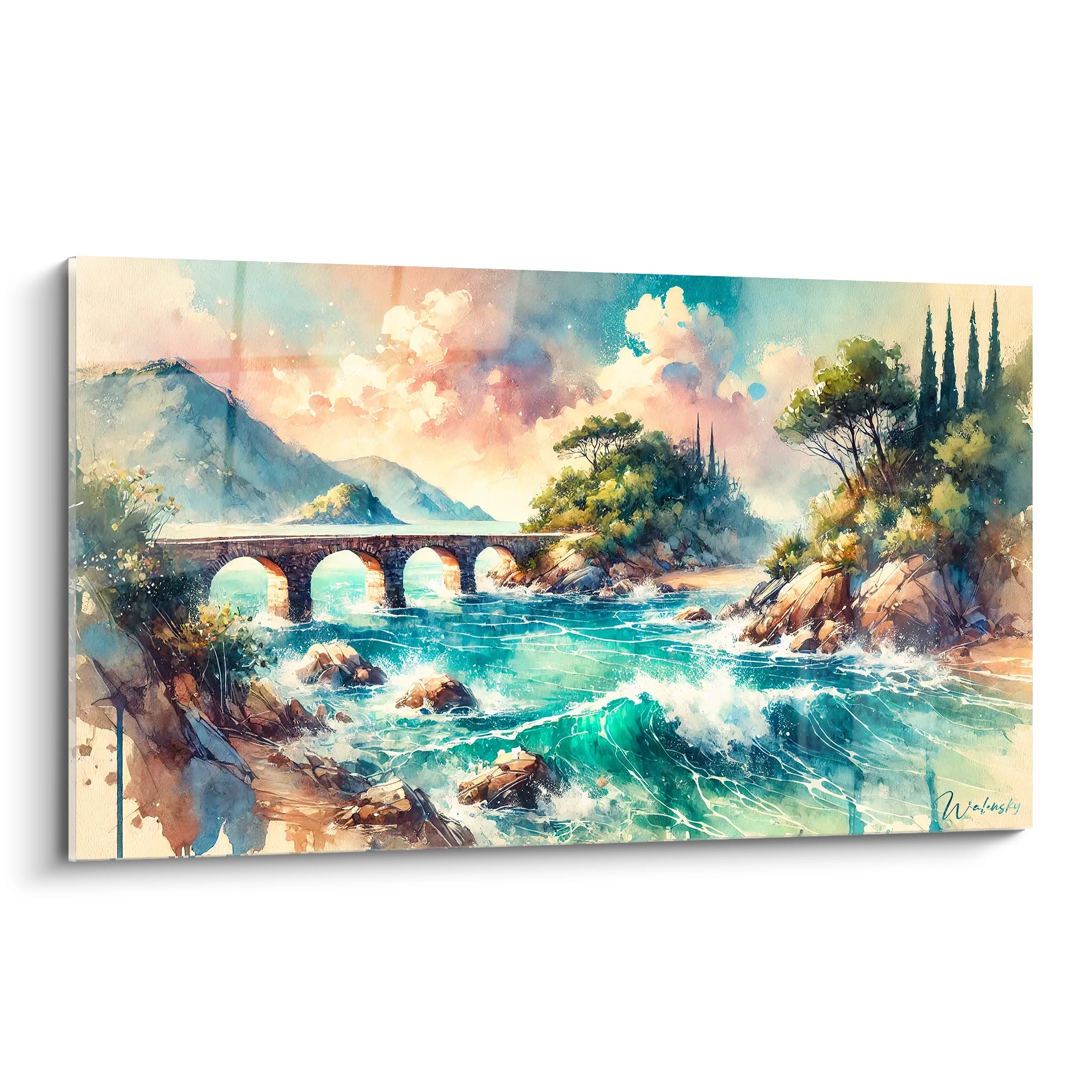 tableau france vue de biais avec nuances bleu turquoise et rose ciel aquarelle pont en pierre montagnes et vagues apaisantes

