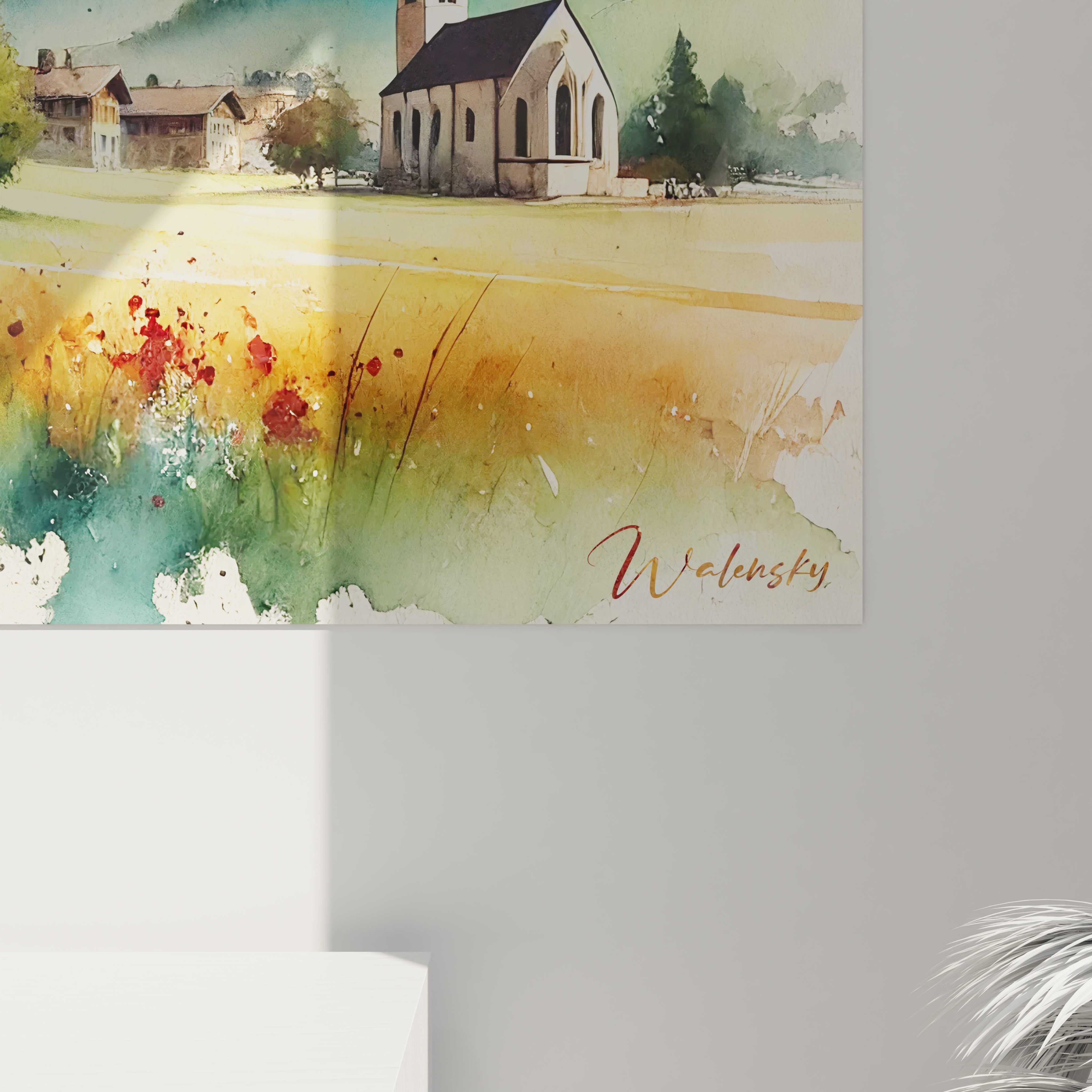 vue rapprochee tableau france details precis aquarelle chalets en bois textures naturelles montagnes ombragees fleurs rouges contraste vivant ambiance paisible equilibre parfait des couleurs

