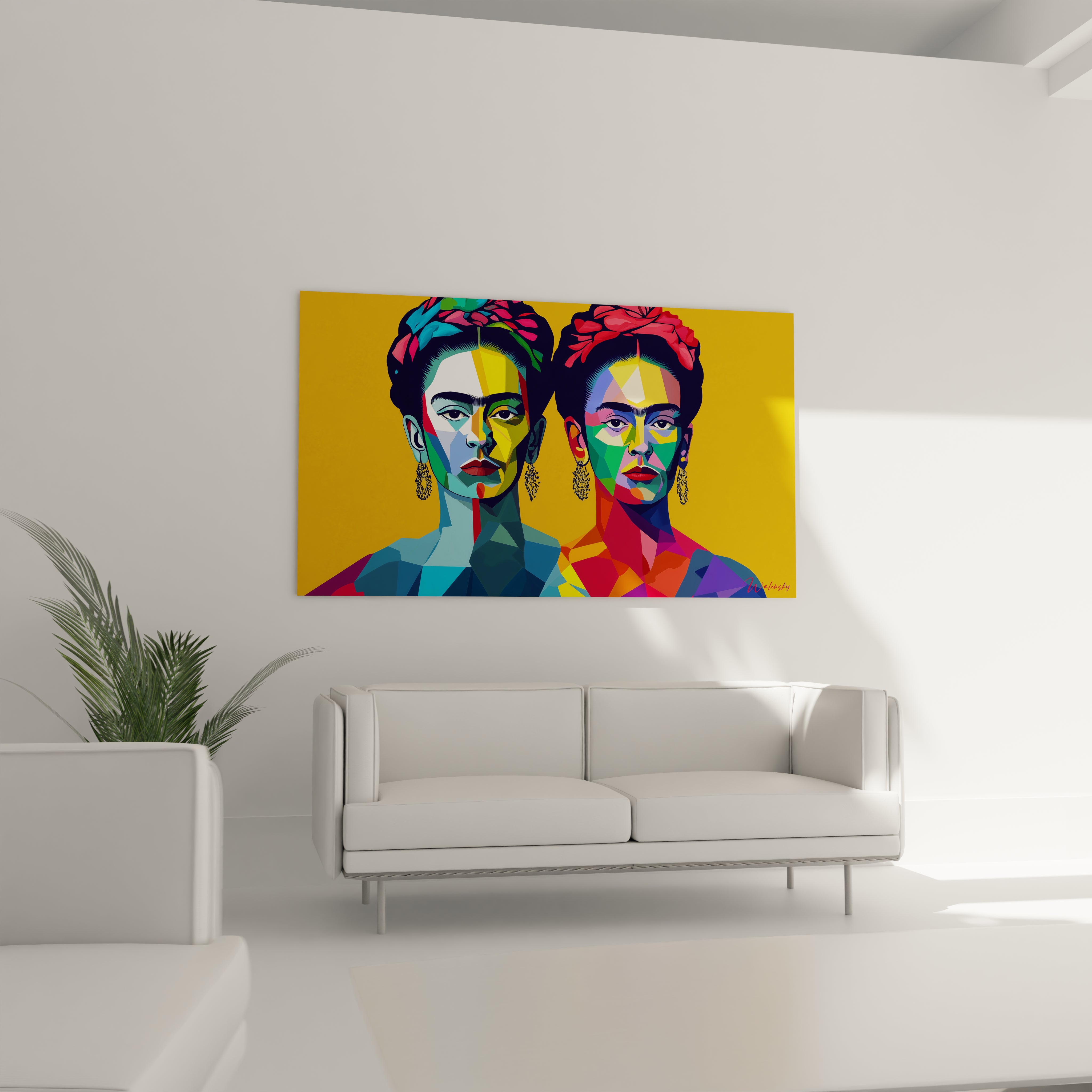 Un tableau Frida Kahlo montrant deux portraits stylisés, divisés en segments de couleurs vives et contrastées, telles que le rouge, le bleu et le jaune, créant une texture lisse et dynamique.

