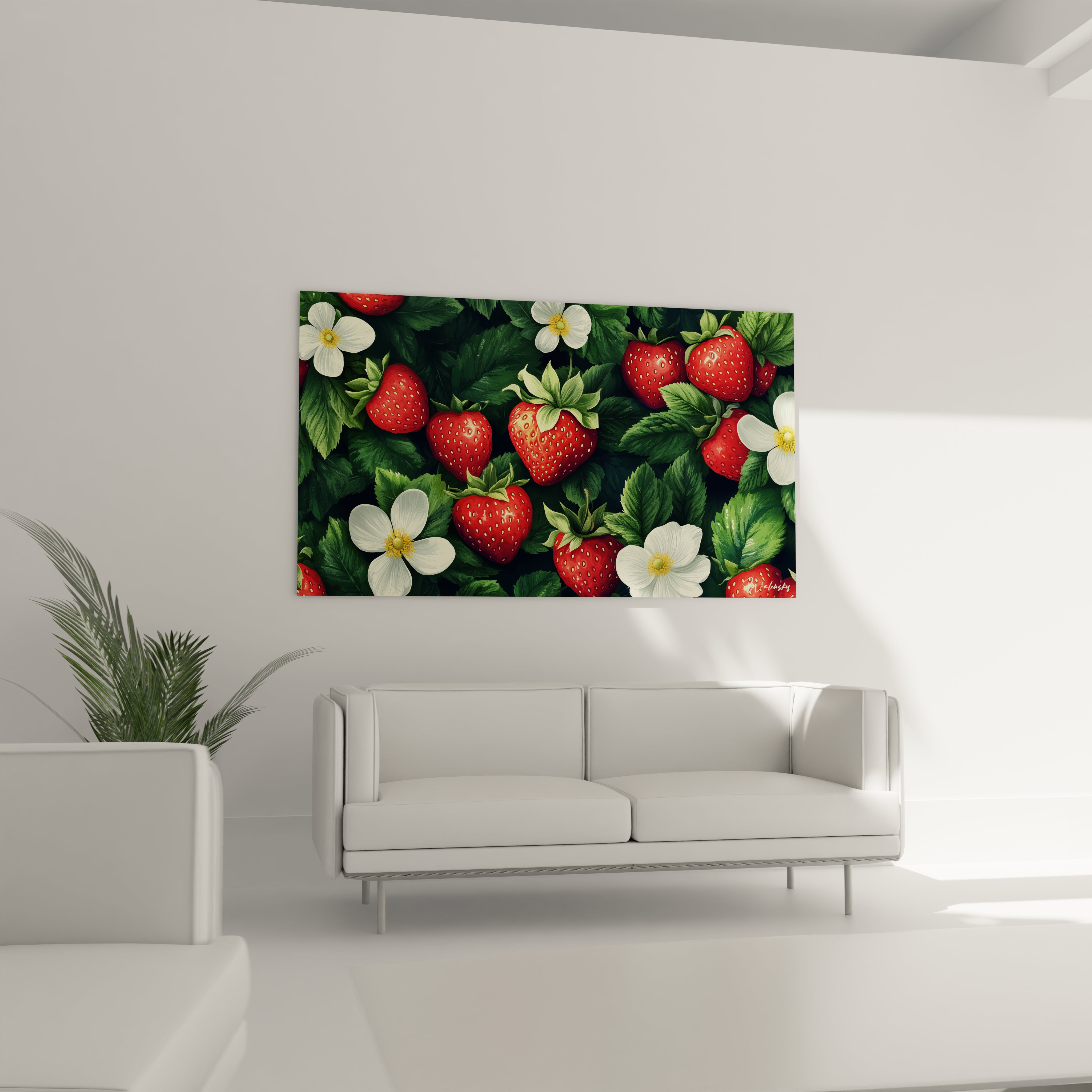 Un tableau fraise représentant des fraises détaillées avec des graines dorées, des pétales blancs et des feuilles texturées. Les contrastes entre ombres et lumières accentuent le réalisme des éléments.

