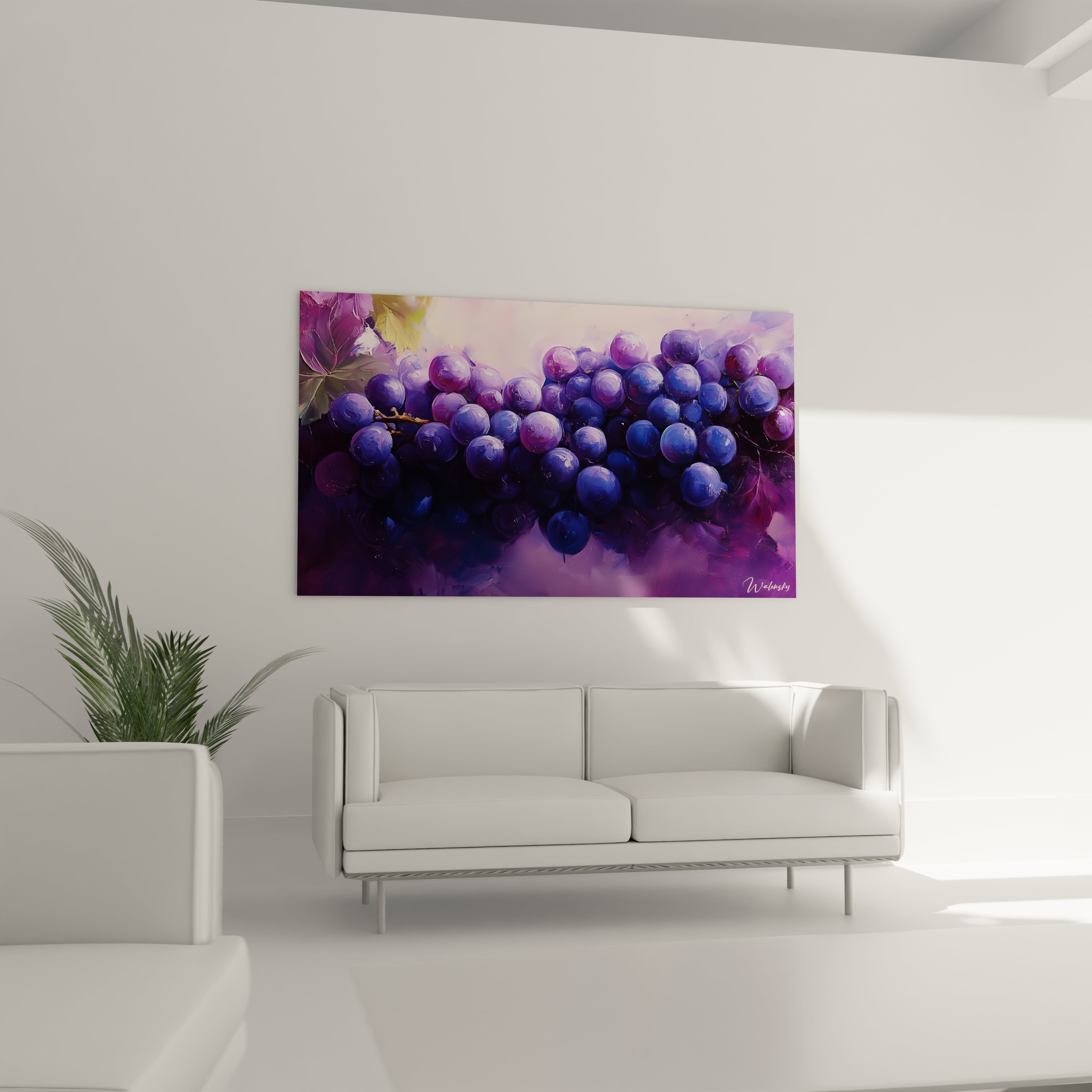 Un tableau raisin illustrant des grappes de raisins d’un violet intense sur un fond flou rosé et beige. Les effets de lumière et d’ombre donnent du volume aux fruits et à leur disposition.

