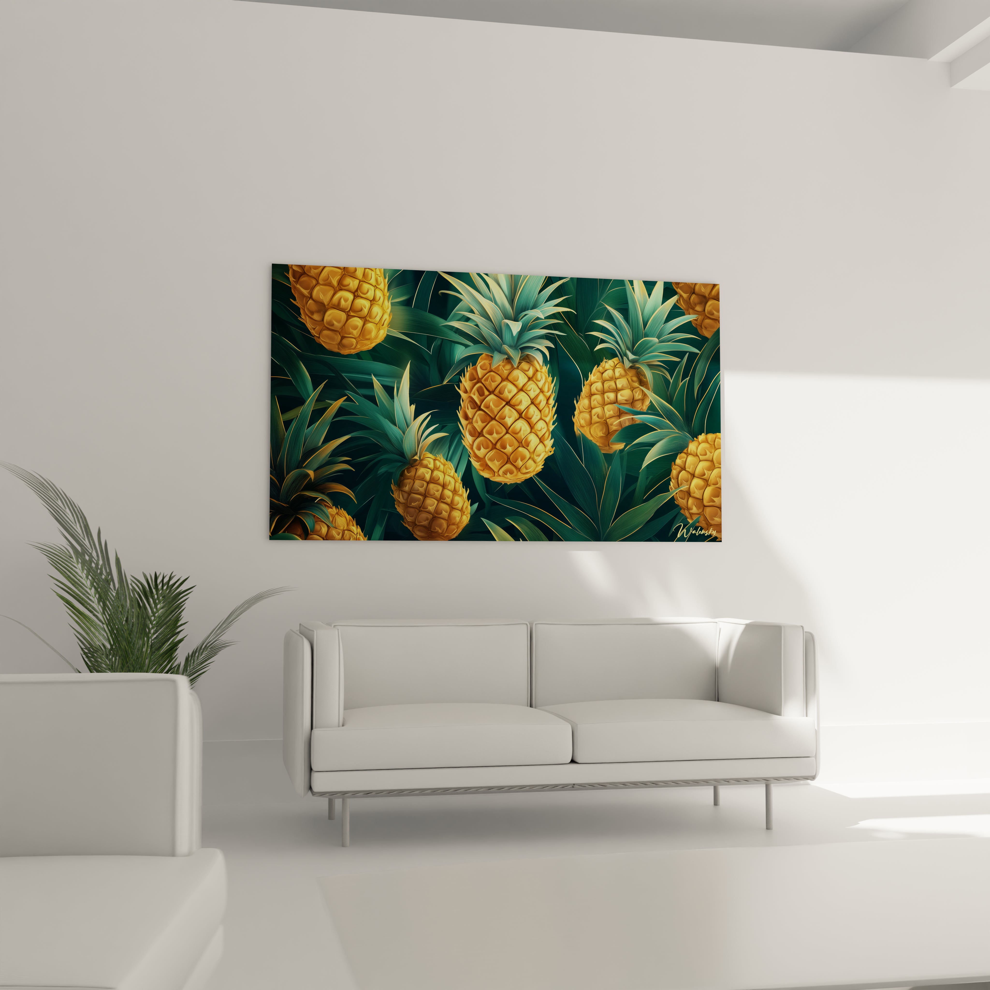 Un tableau ananas représentant une composition de plusieurs ananas en or et vert, avec une texture détaillée et des feuilles aux nuances bleu-vert contrastant avec un arrière-plan sombre.

