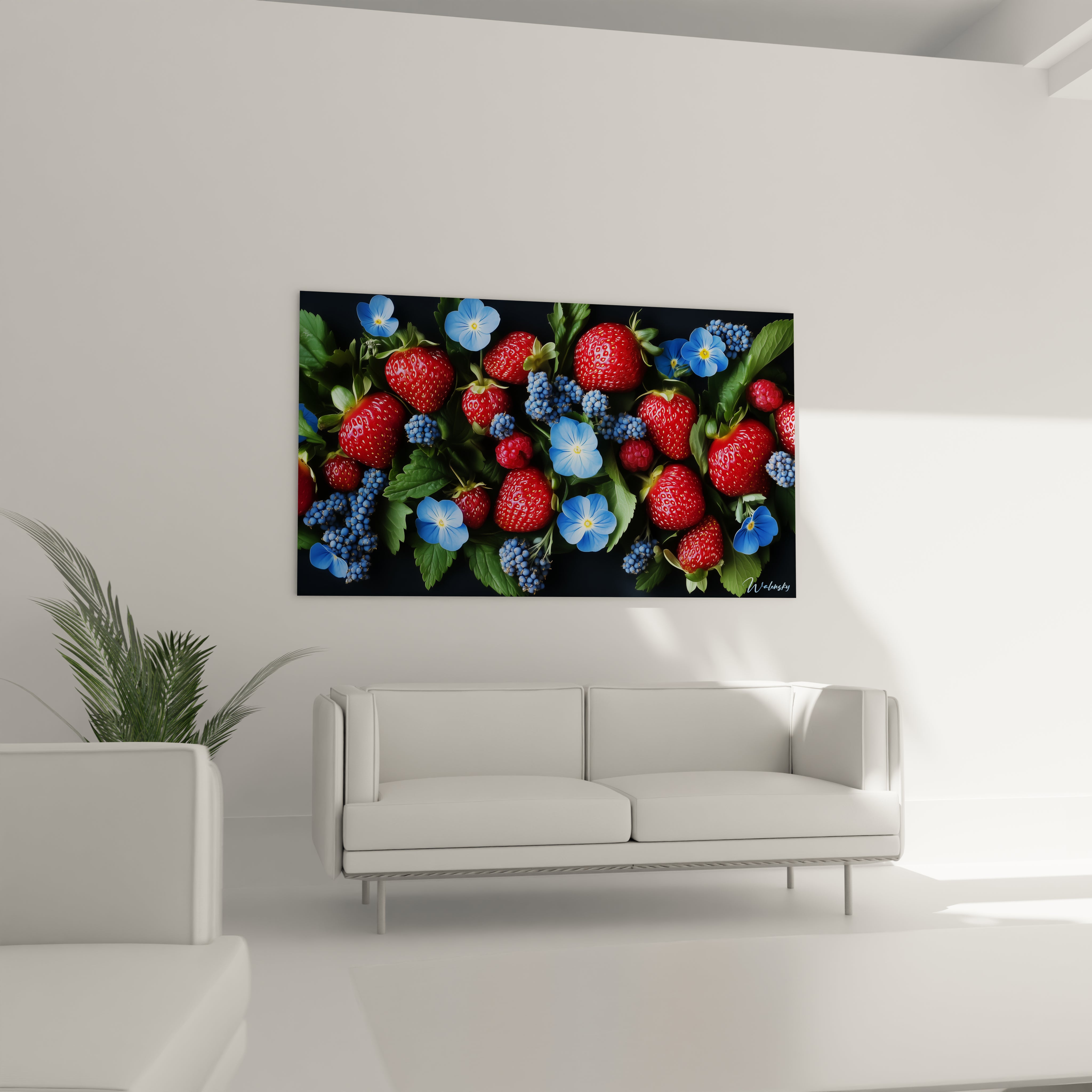 Un tableau fruit composé de fraises aux reflets lumineux, de mûres à la texture granuleuse et de fleurs aux teintes bleues, avec une disposition dense et des détails fins sur les feuilles.

