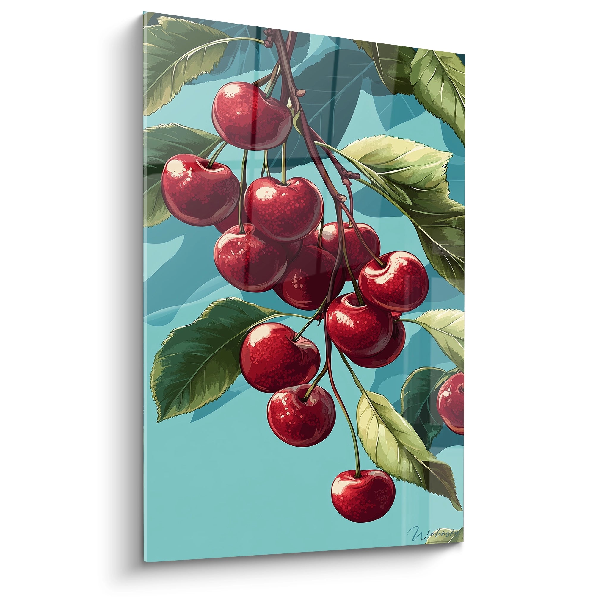 Un tableau cerise représentant des fruits rouges brillants suspendus à des tiges, entourés de feuilles vertes texturées, sur un fond bleu uni aux nuances douces.

