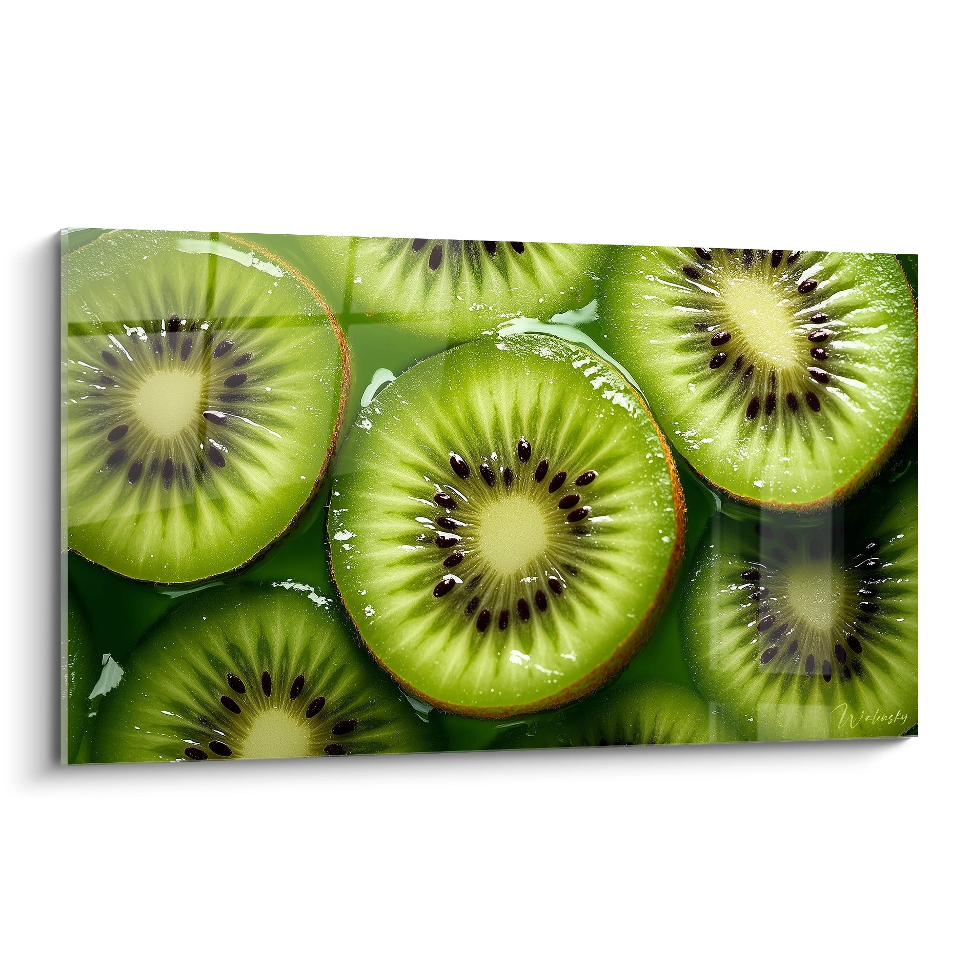 Un tableau kiwi représentant des tranches de fruit vert vif, avec des graines noires symétriques, des reflets lumineux et une texture lisse rappelant la chair juteuse du fruit.

