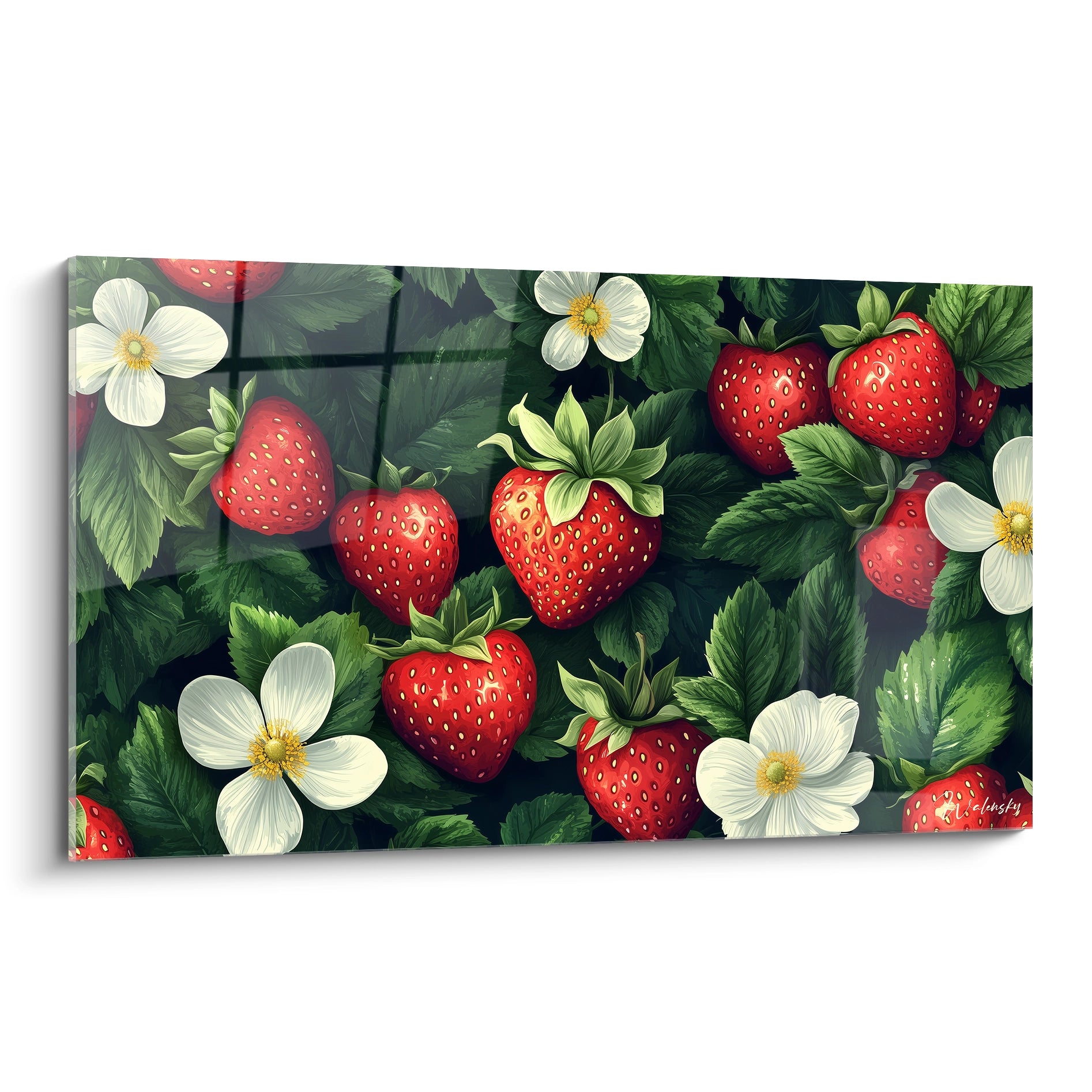 Un tableau fraise illustrant des fraises rouges avec des feuilles vertes et des fleurs blanches, sur un fond sombre. Les textures lisses des fruits contrastent avec les détails nervurés du feuillage.

