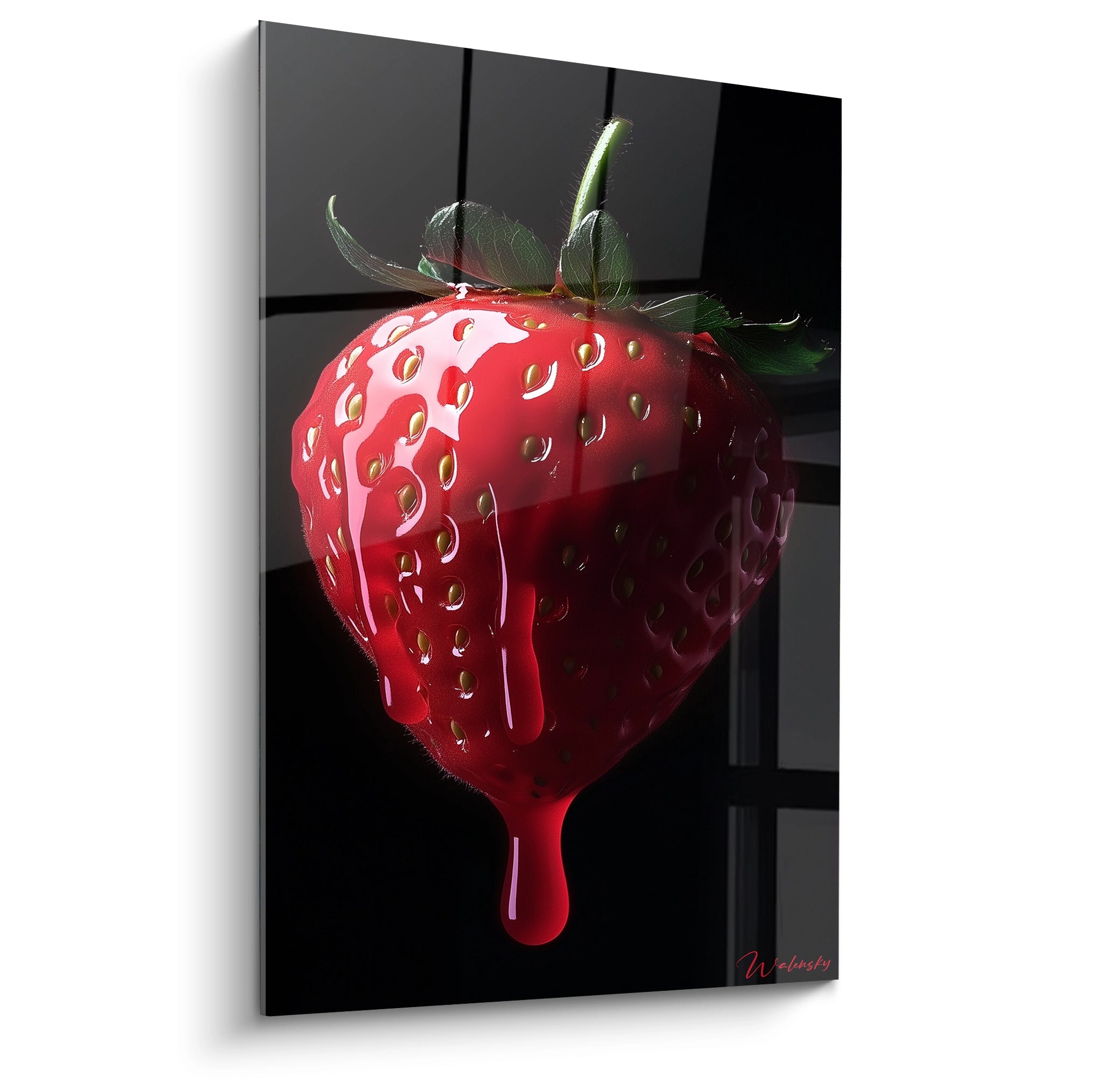 Un tableau fraise hyperréaliste représentant une fraise rouge vif avec des graines dorées, un fond noir intense et un effet liquide coulant sur sa surface lisse et brillante.

