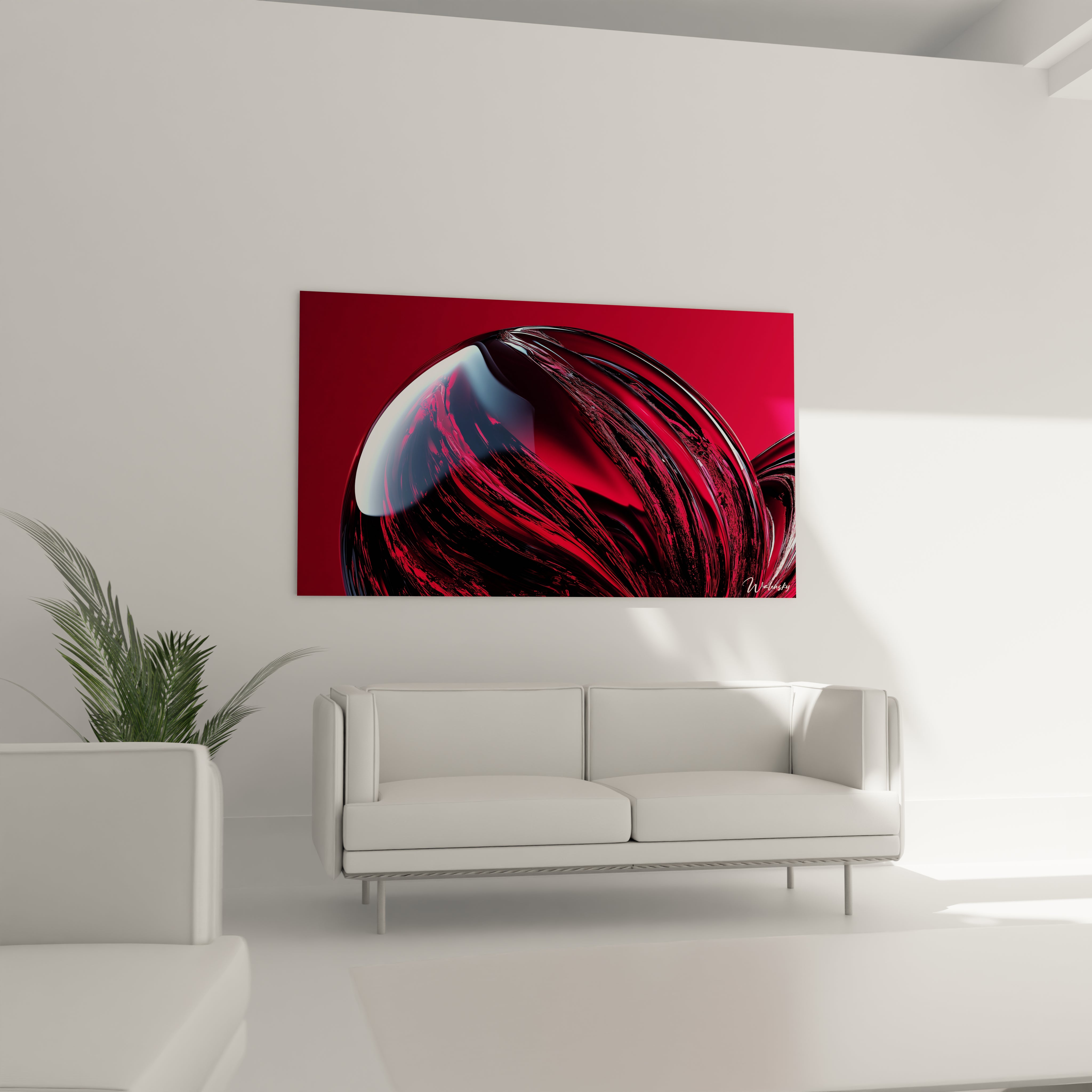 Un tableau futurisme abstrait composé de stries noires sur un fond rouge lumineux, avec des effets de reflets blancs et une texture glossy.
