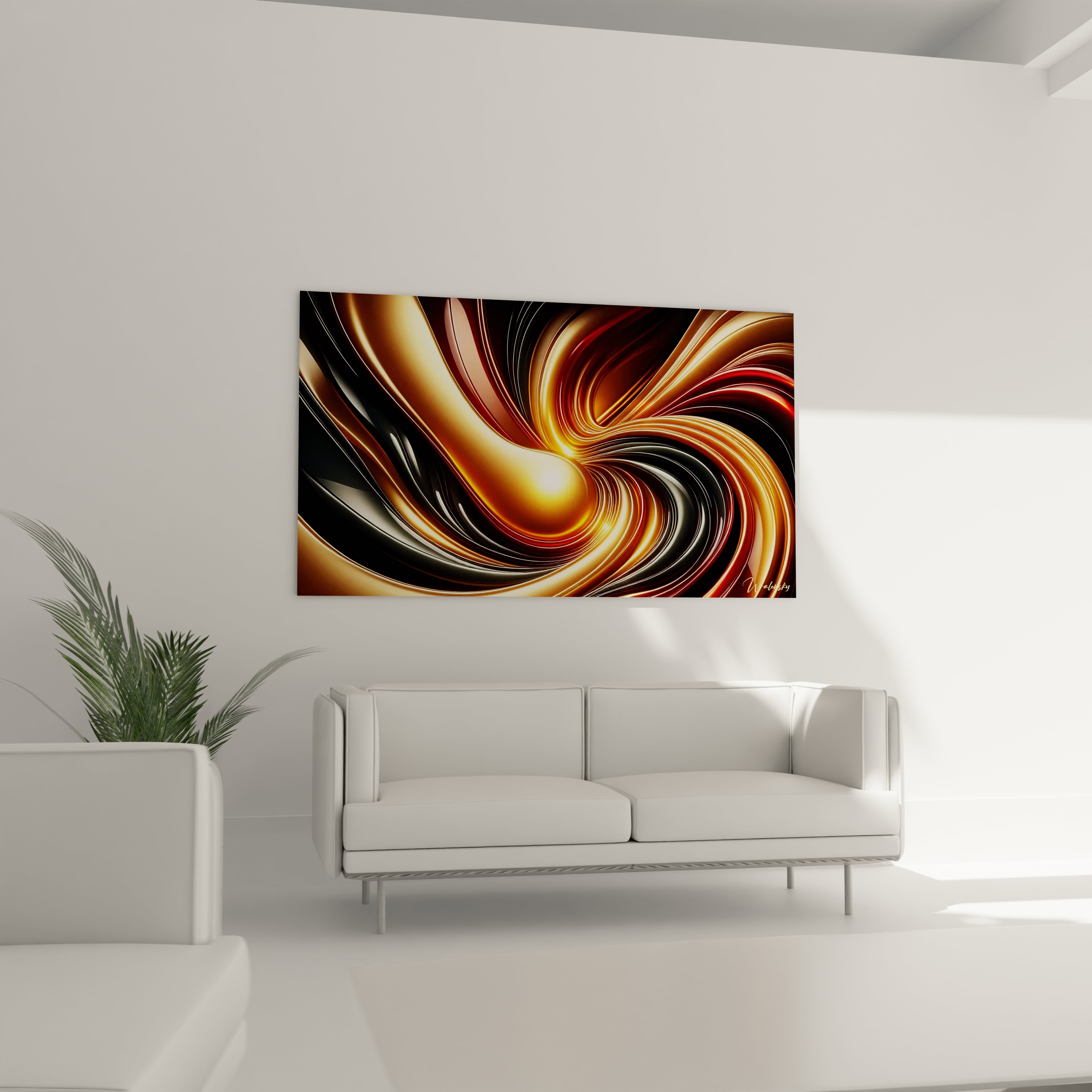 Un tableau futurisme abstrait avec un motif central doré entouré de teintes rouges et noires, et des surfaces aux textures brillantes et dynamiques.
