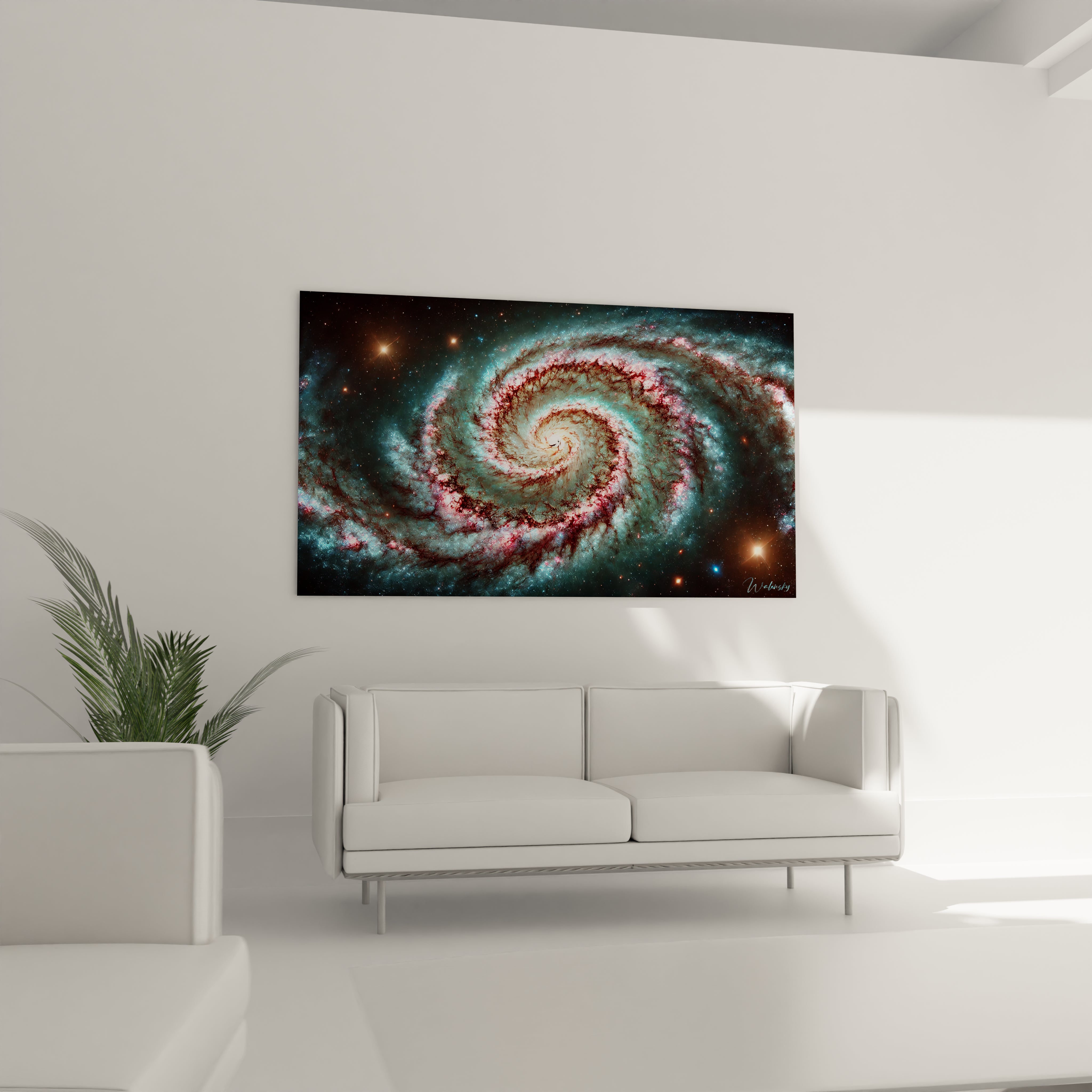 Transformez votre salon avec le tableau Galaxie, une pièce fascinante qui évoque les spirales des galaxies et illumine votre espace d'une aura céleste.

