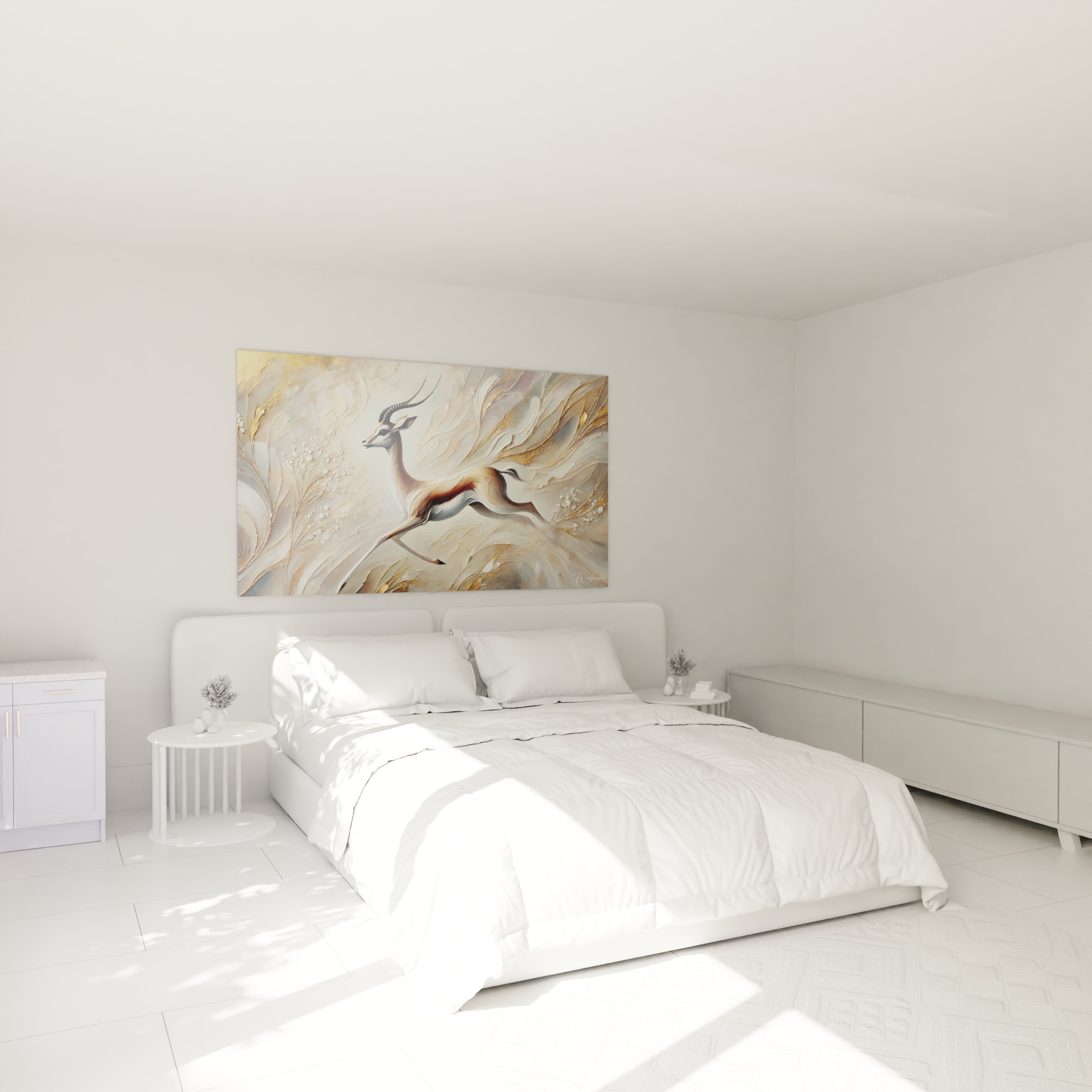 dans cette chambre, le tableau gazelle apporte une ambiance sereine et élégante. Accroché au dessus du lit, il crée un espace de rêve avec ses couleurs beige et or qui évoquent douceur et légèreté

