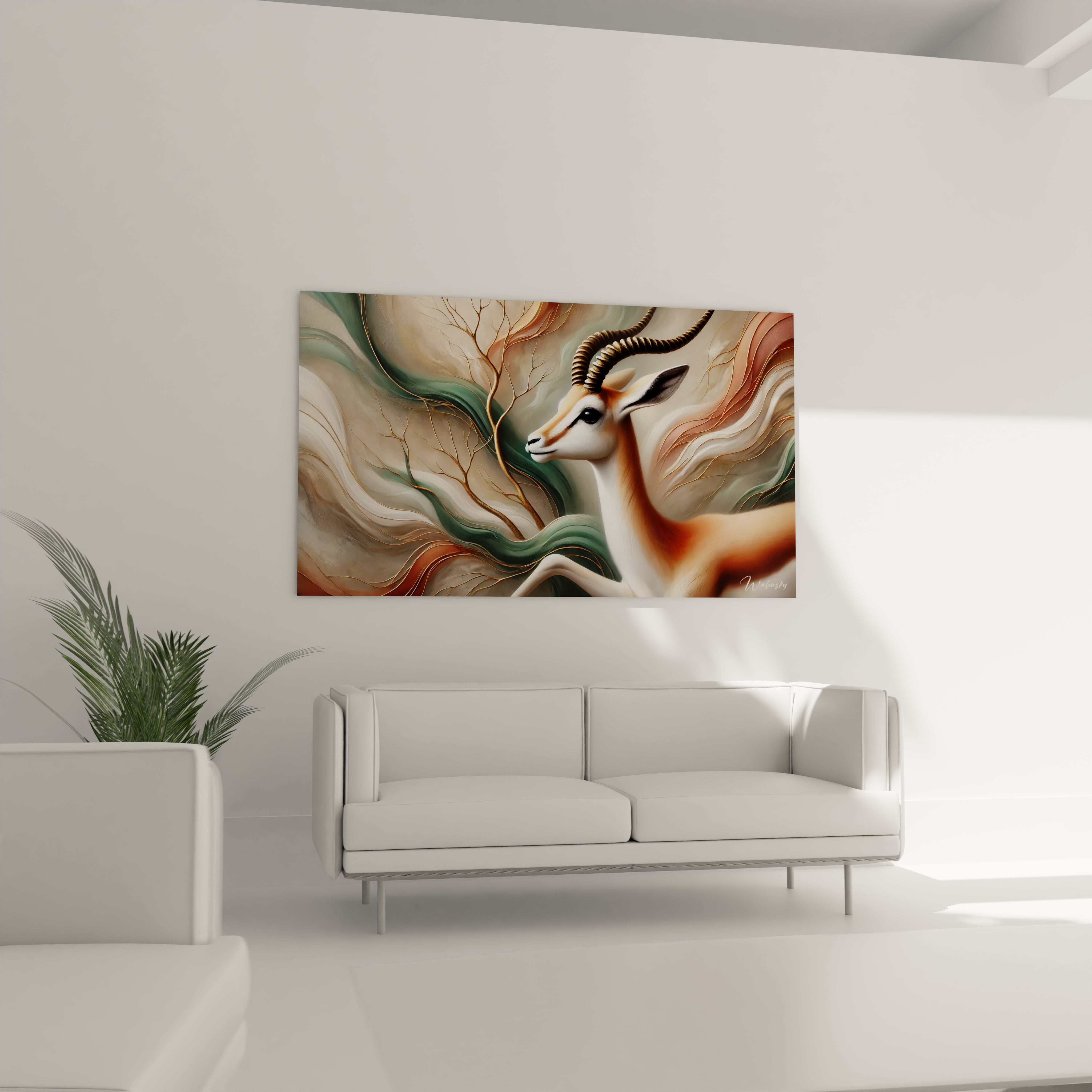 Ce tableau gazelle s’intègre parfaitement dans votre salon, accroché au-dessus du canapé. Ses motifs organiques et ses couleurs naturelles ajoutent une touche de sophistication et de sérénité à votre espace.

