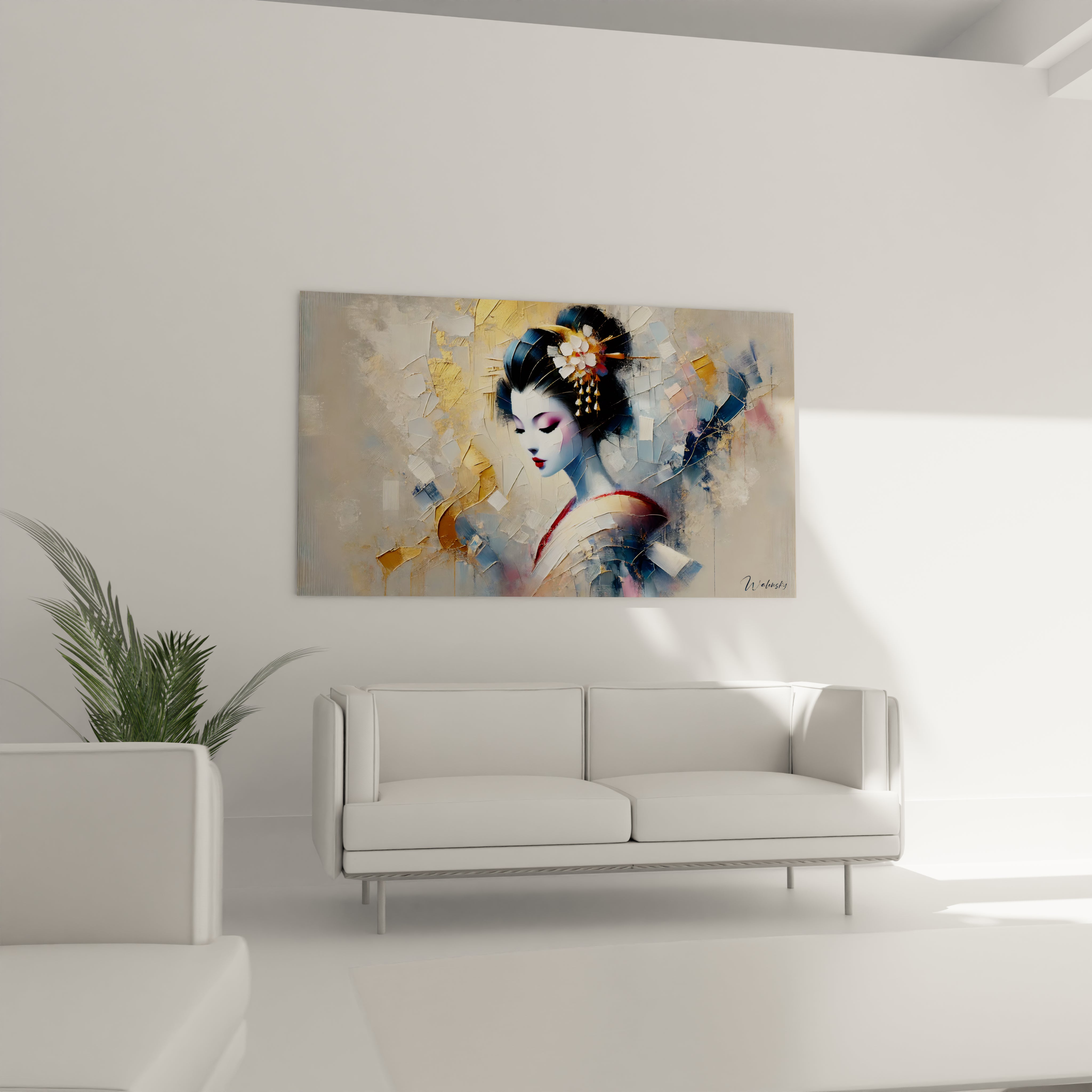 Tableau geisha en decoration murale dans un salon. Place au-dessus du canapé, il illumine la piece avec ses textures abstraites et ses nuances raffinées, reflet de l’art japonais.

