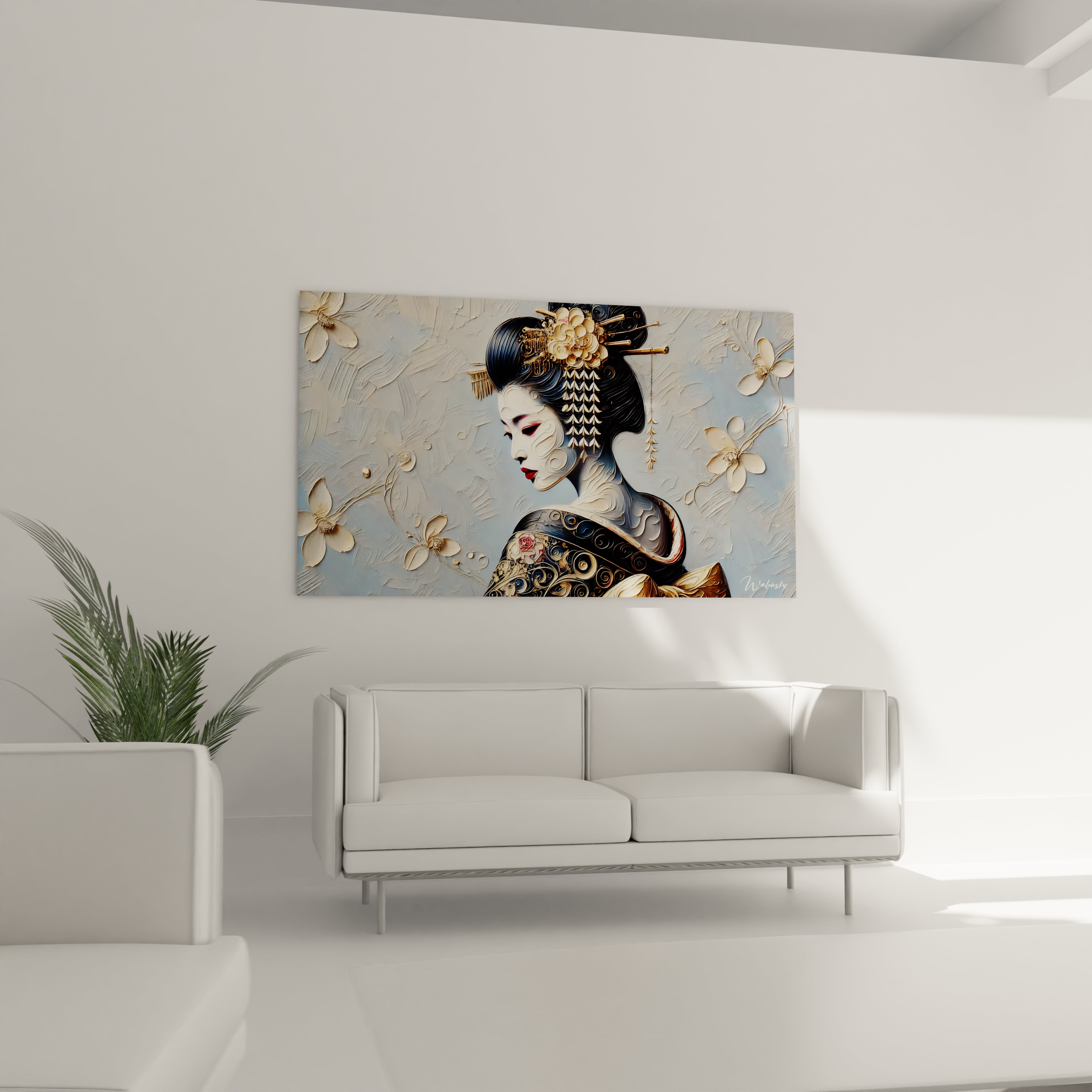 Tableau geisha accroche au mur au dessus d un canape, transformant le salon avec son charme et sa profondeur artistique. Les details et textures donnent vie a cette figure symbolique japonaise.

