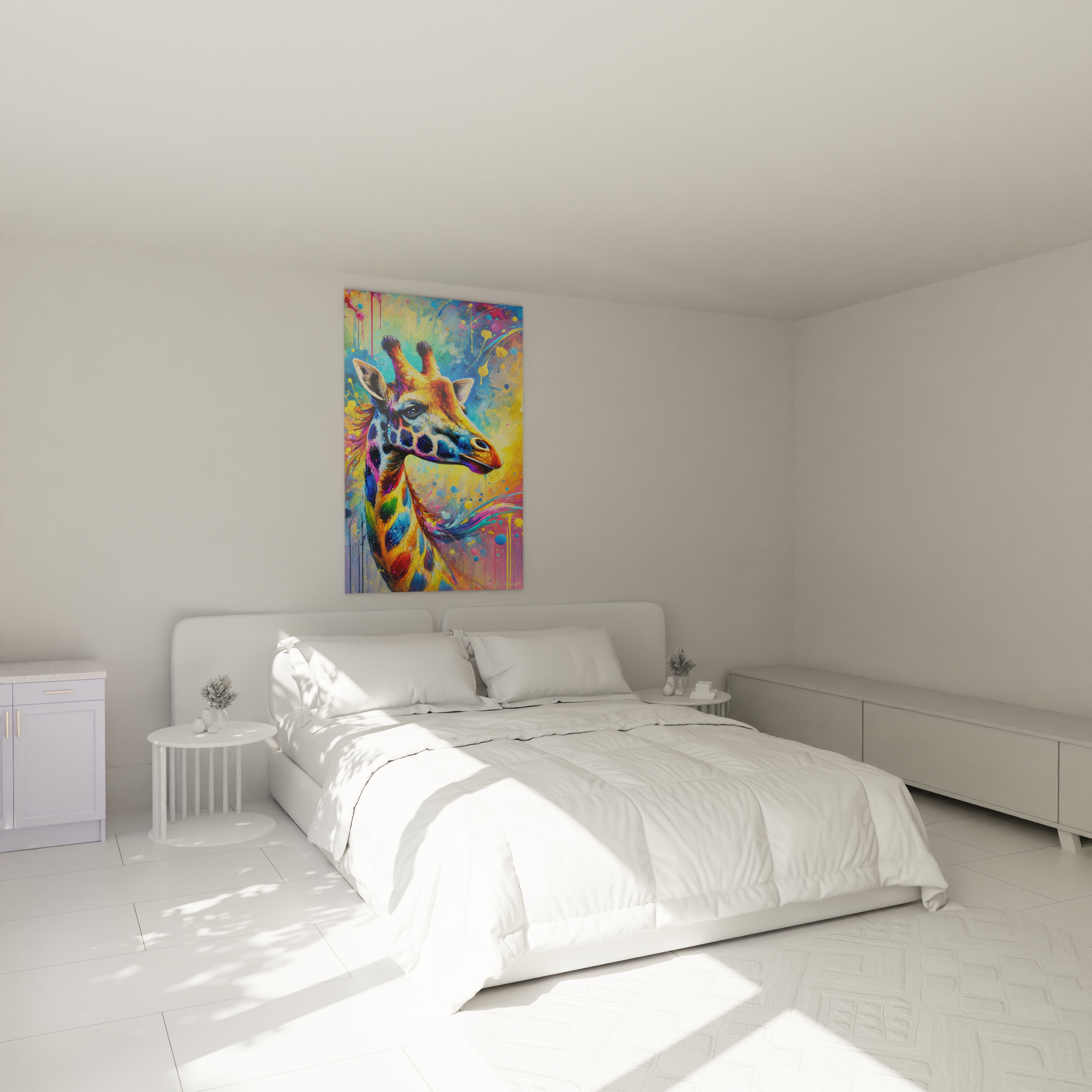 Accroché au-dessus d'un lit, ce tableau girafe coloré transforme la chambre en un espace vibrant et moderne. Il apporte une touche d'exotisme et d'énergie à votre décor, parfait pour une chambre design.

