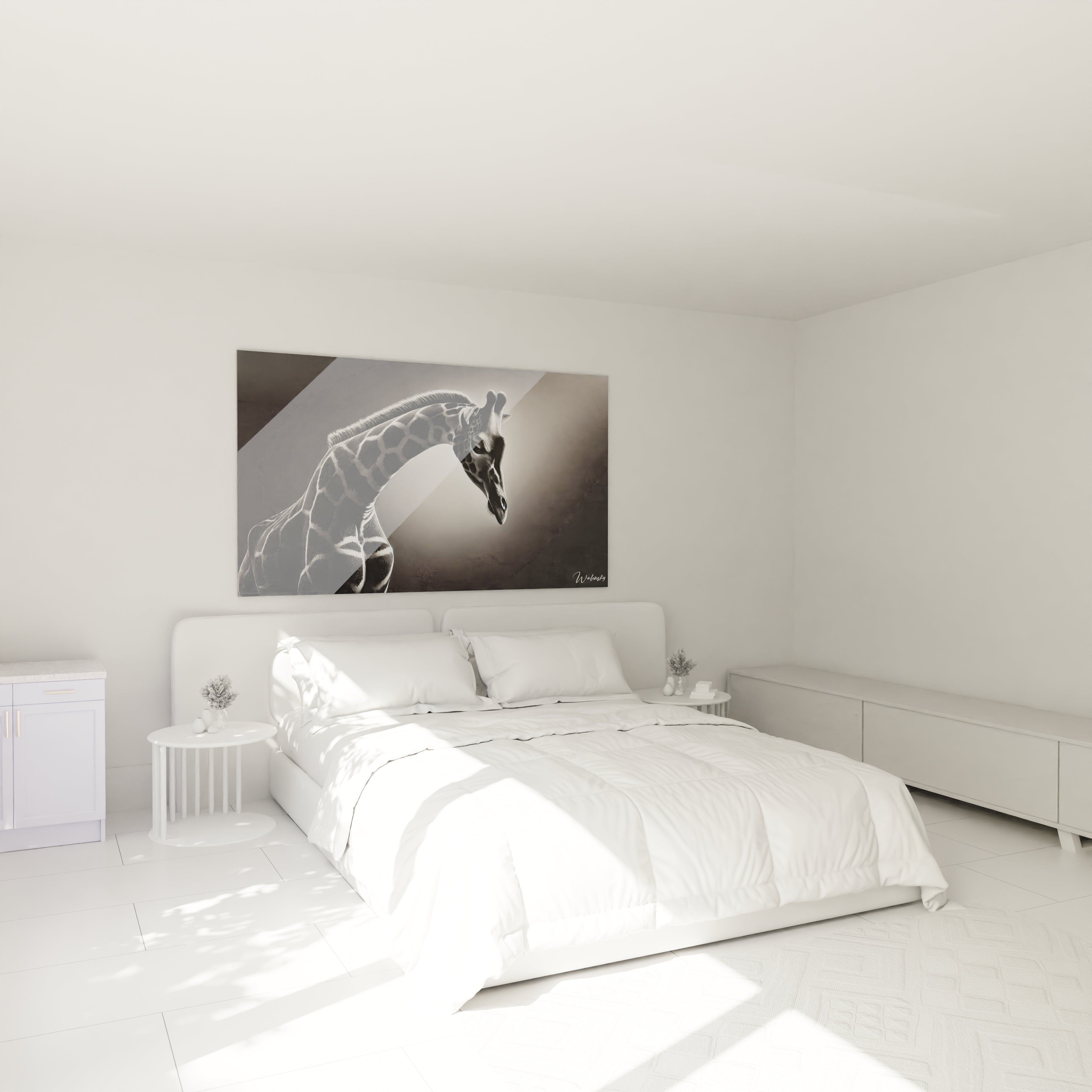 Le tableau girafe accroché au-dessus du lit dans cette chambre apporte une touche d'élégance et de calme. Son fond monochrome et ses détails précis s’intègrent harmonieusement dans un décor moderne.

