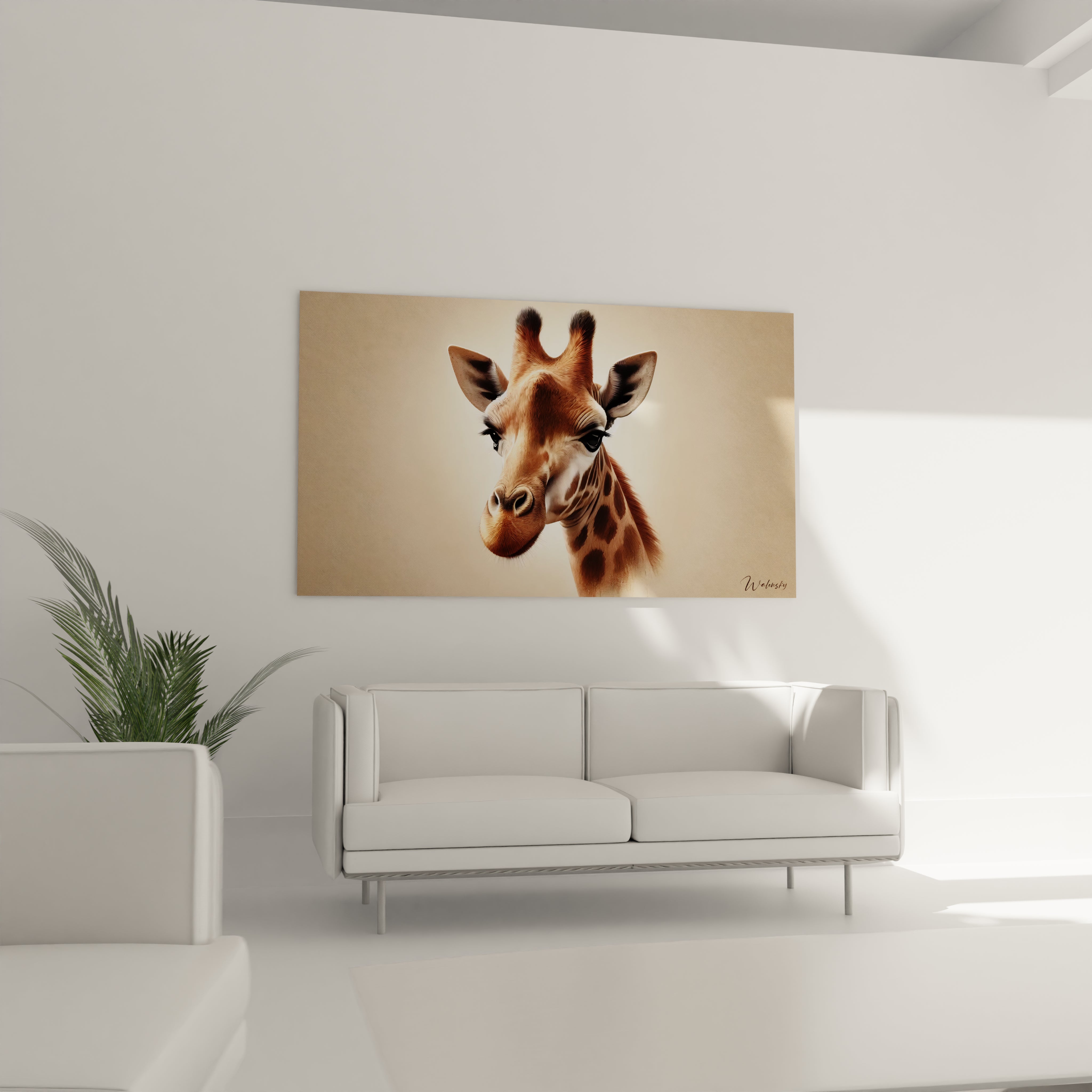 Ce tableau girafe, placé au-dessus du canapé, apporte une touche de nature dans le salon. Son réalisme captivant et ses nuances subtiles enrichissent l'espace, créant une atmosphère accueillante et douce.

