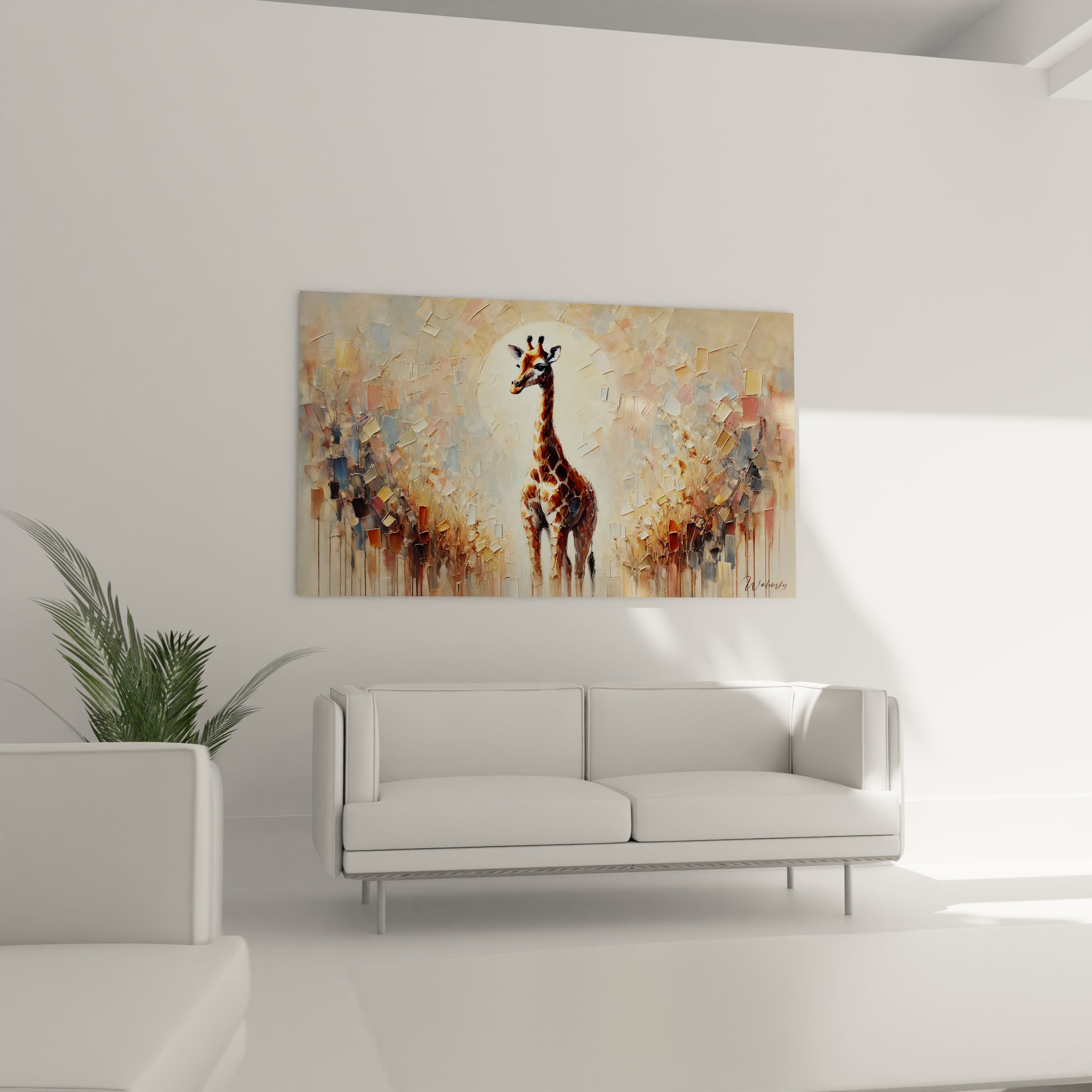 Ce tableau girafe suspendu au-dessus d'un canapé dans le salon offre un contraste subtil entre l'élégance de l'animal et la modernité de l'œuvre. Parfait pour une décoration chic et naturelle.

