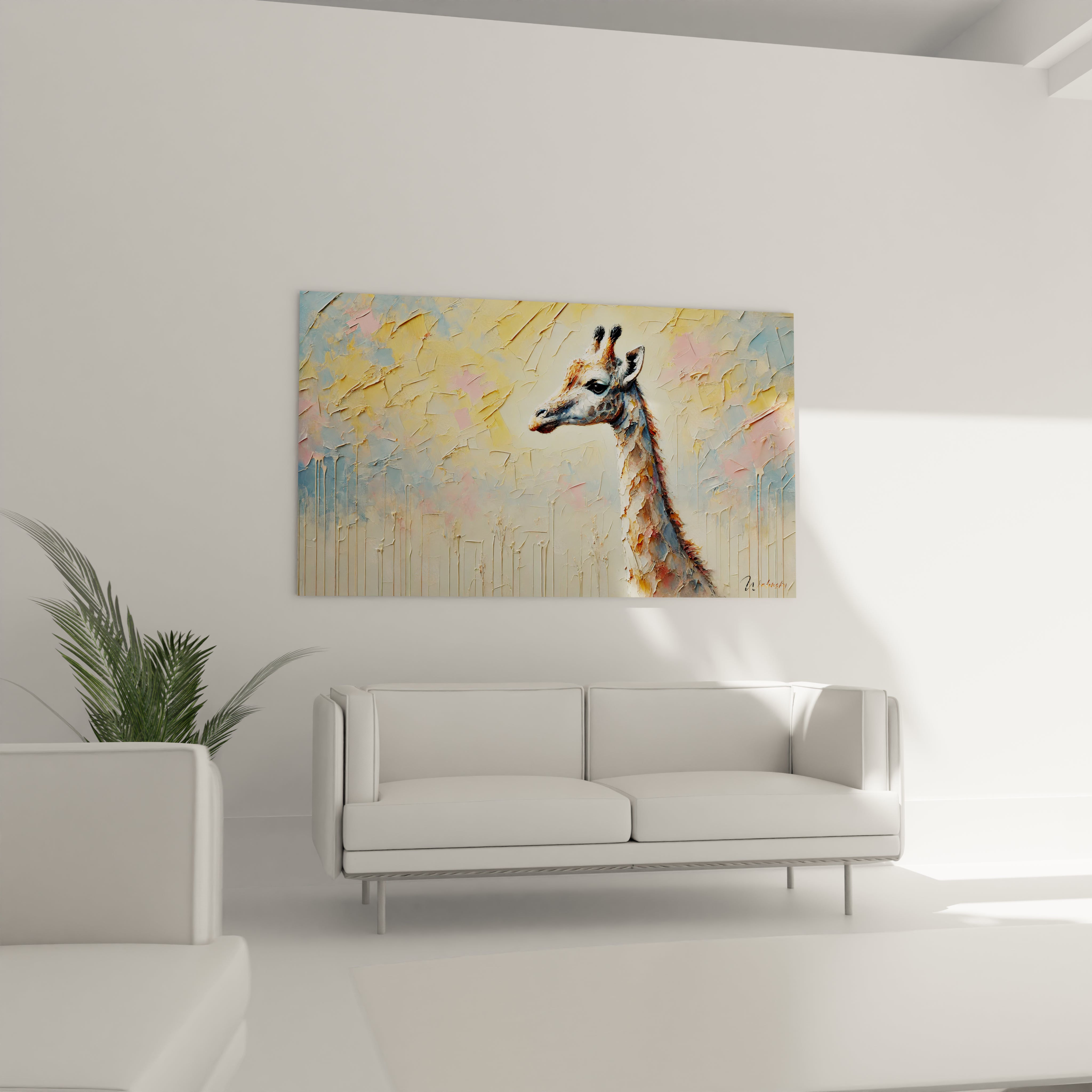 Accroché au-dessus d'un canapé dans un salon, ce tableau girafe devient un véritable point focal. Les textures audacieuses et l'arrière-plan abstrait ajoutent profondeur et caractère à votre décoration intérieure.

