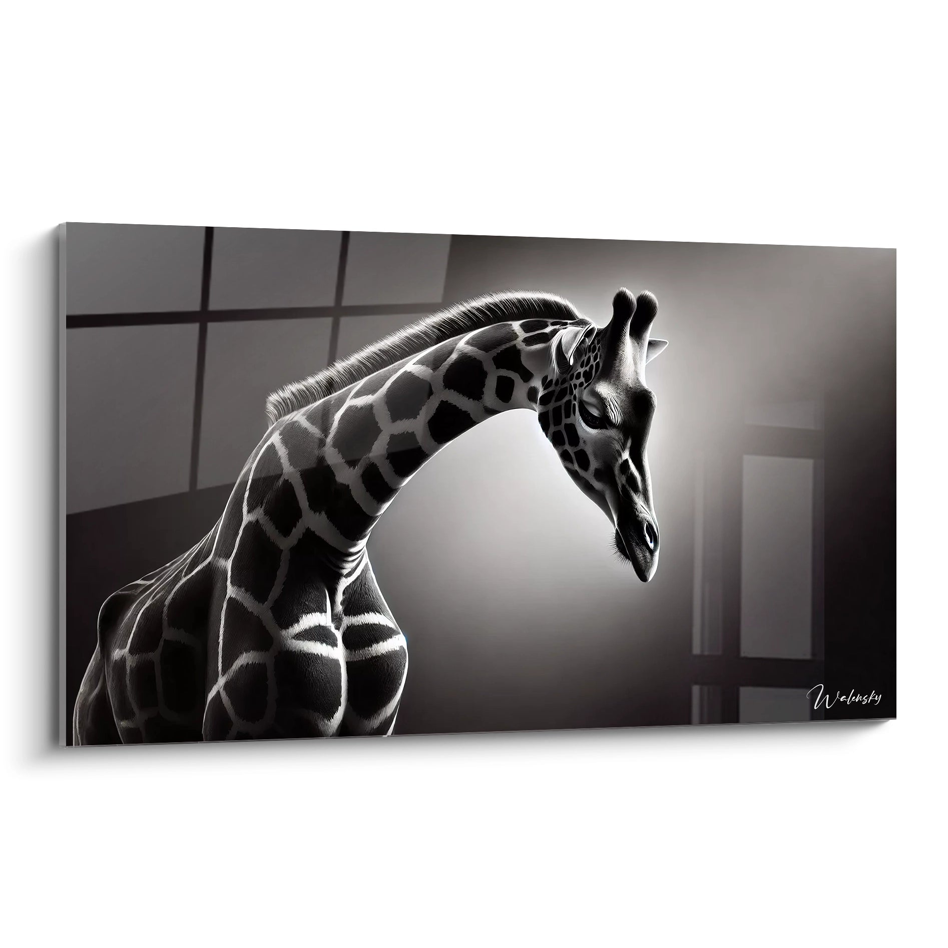 Ce tableau girafe attire le regard par son design minimaliste et sa palette en noir, gris et blanc. Vu de biais, il révèle les détails subtils du cou majestueux et des motifs distinctifs de la girafe.

