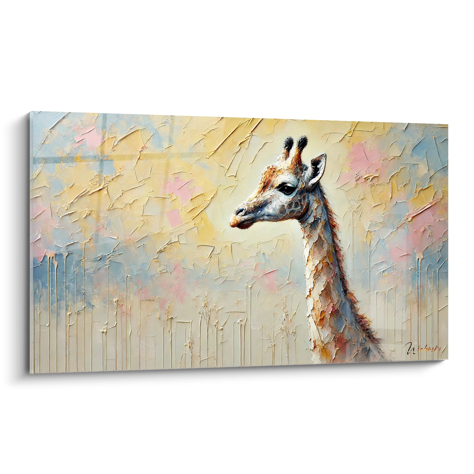 Ce tableau girafe captivant est présenté avec des textures riches et des couleurs vibrantes. Vu de biais, il dévoile la majesté de l'animal avec une touche moderne, parfait pour tout amateur d'art abstrait.

