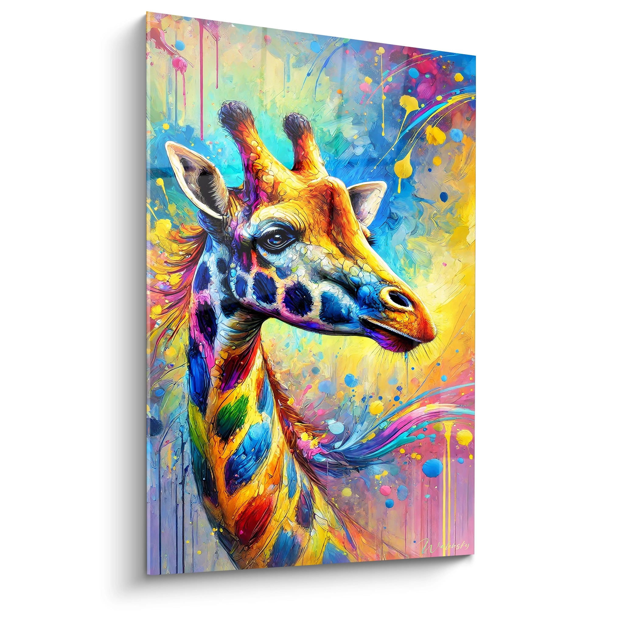 Ce tableau girafe aux couleurs vibrantes est présenté de biais, révélant sa palette dynamique. Idéal pour les amateurs d'art contemporain, il capture l'énergie sauvage de manière unique et captivante.

