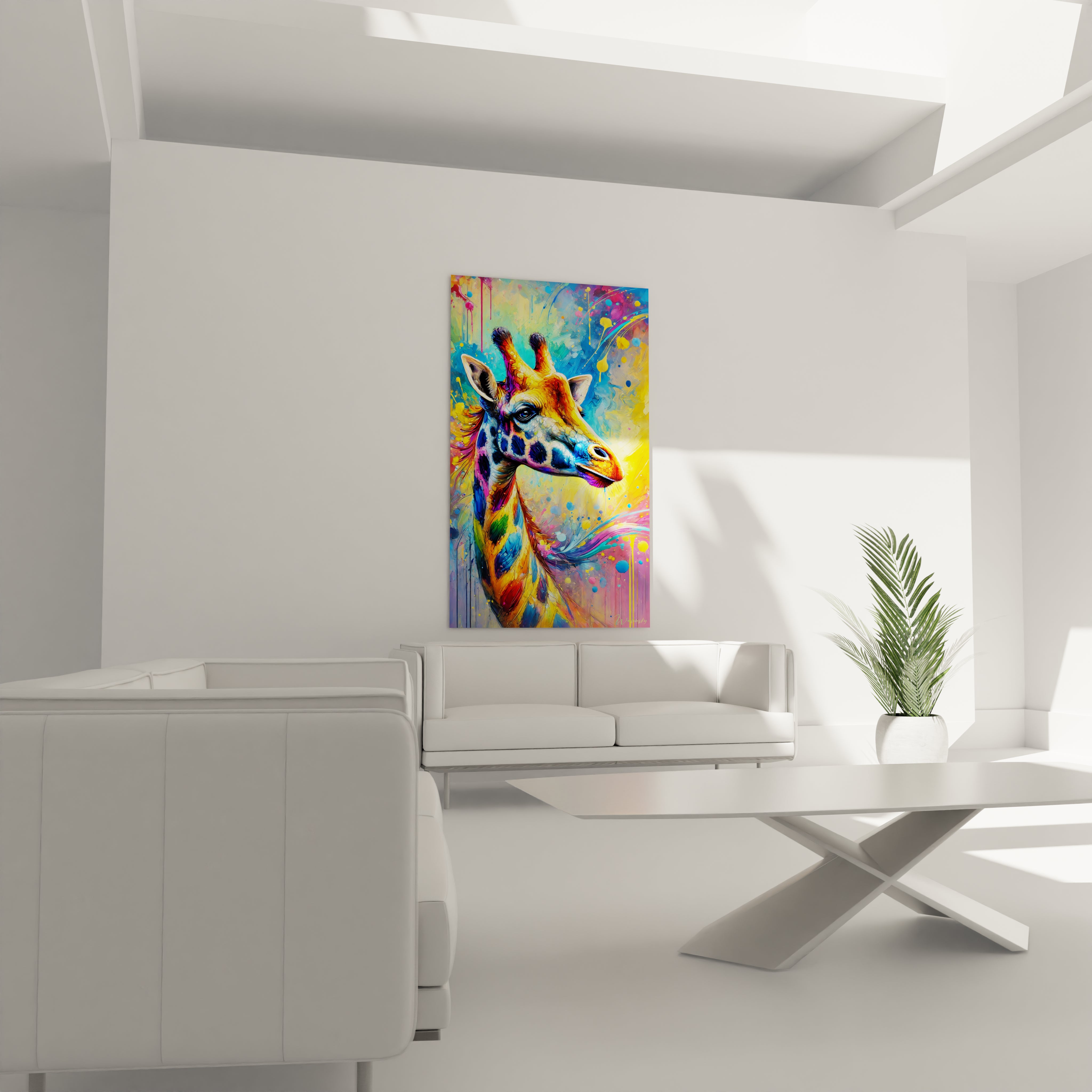 Dans le salon, ce tableau girafe au-dessus du canapé devient la pièce maîtresse. Ses couleurs vives et son style pop art créent une ambiance contemporaine, ajoutant du caractère à votre espace de vie.

