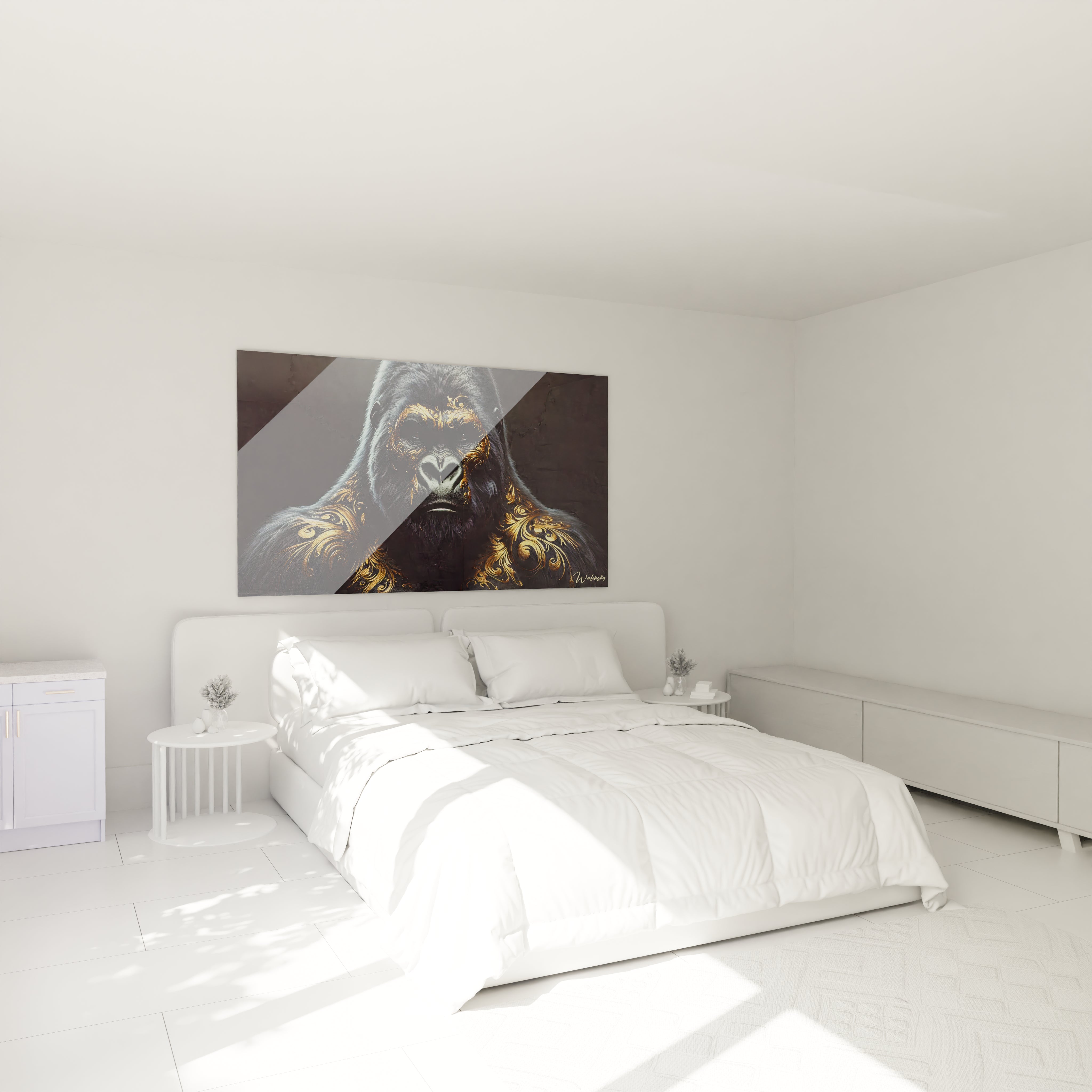 Dans cette chambre, le tableau gorille au-dessus du lit apporte une touche de force et de sophistication. Les motifs dorés renforcent son allure majestueuse, créant une ambiance unique.

